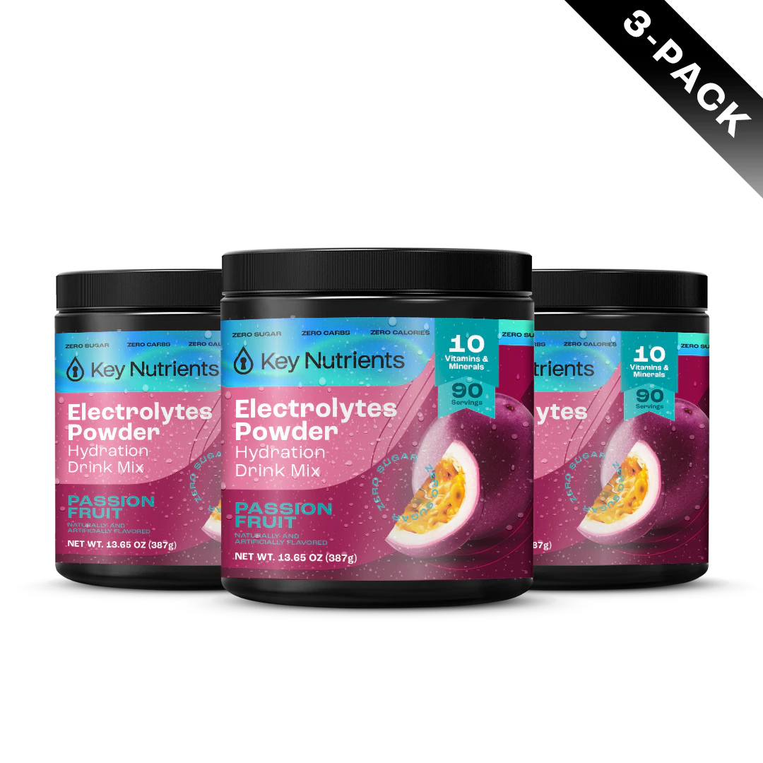 Three jars of Electrolyte Recovery Plus, Passion Fruit flavor, offer a vibrant hydration drink.