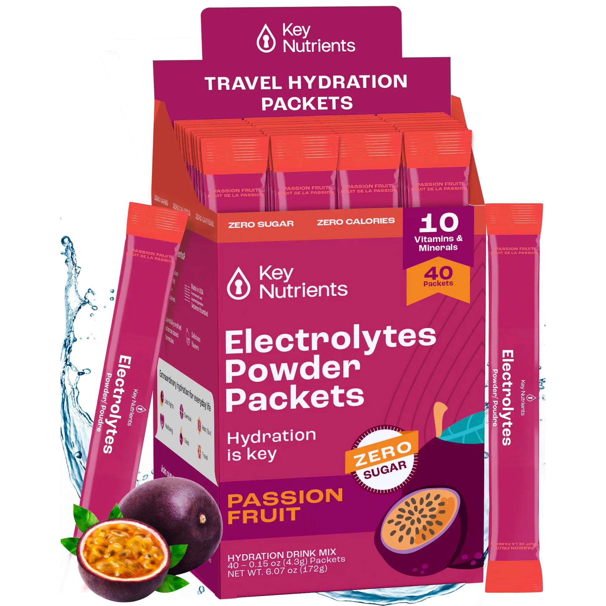 Electrolyte Recovery Plus Powder (Sugar-Free) in a passion fruit flavor, ideal for maintaining hydration during travel, keto-friendly, and packed with 10 essential vitamins.