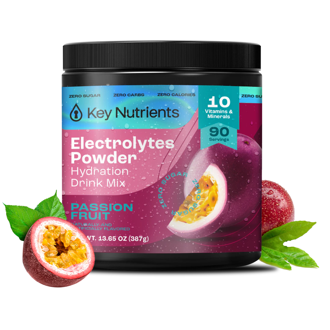 Electrolyte Recovery Plus Powder, zero calories passion fruit flavor, vitamin-rich for optimal hydration.