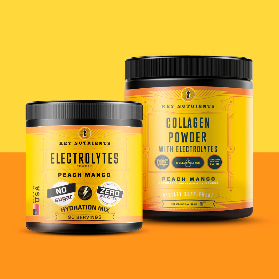 Two yellow containers of Peach Mango Lover electrolyte and collagen powder, ideal for Keto diets and electrolyte recovery, set against a gradient background.