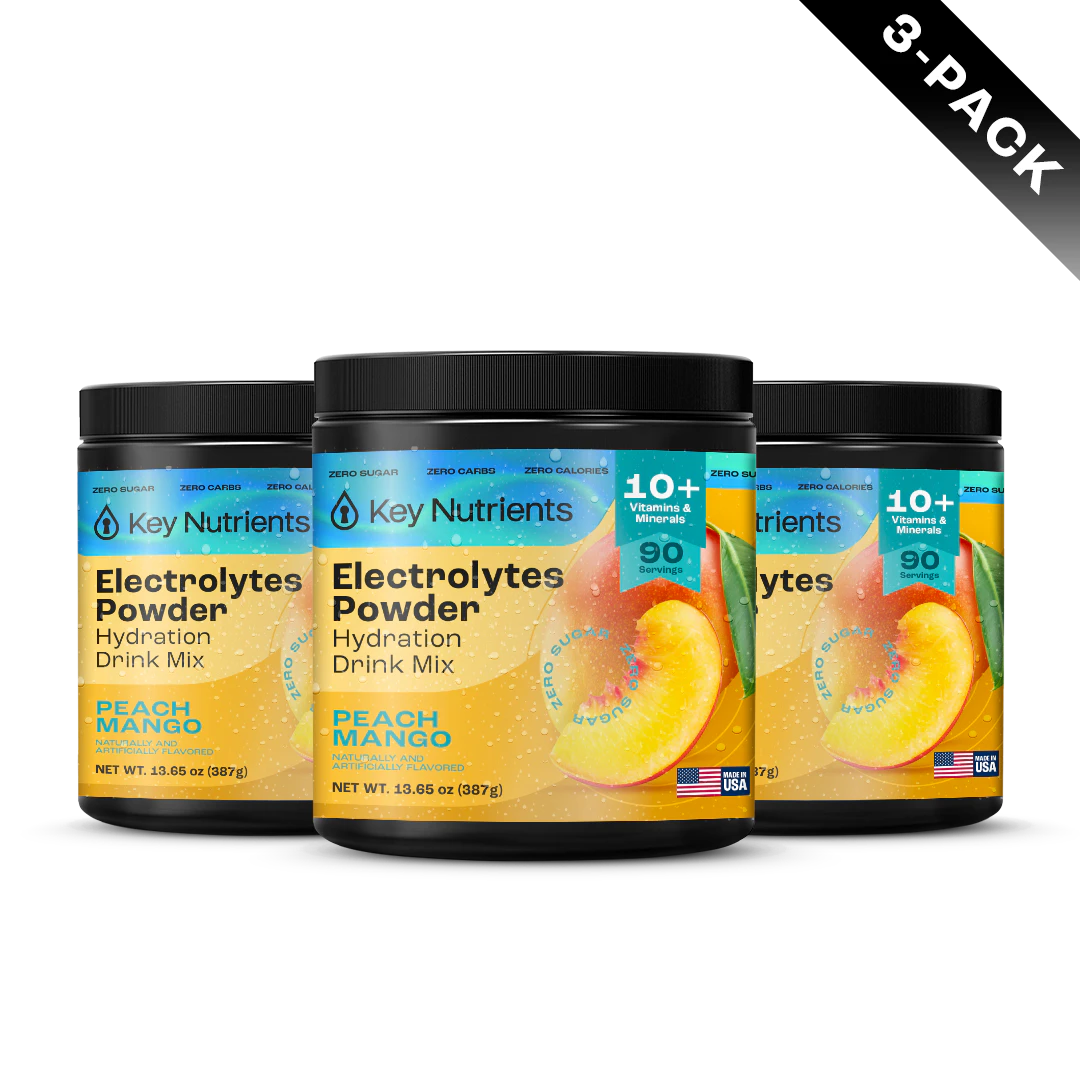 A 3-pack of zero-calorie peach mango Electrolyte Recovery Plus Powder enhances hydration.