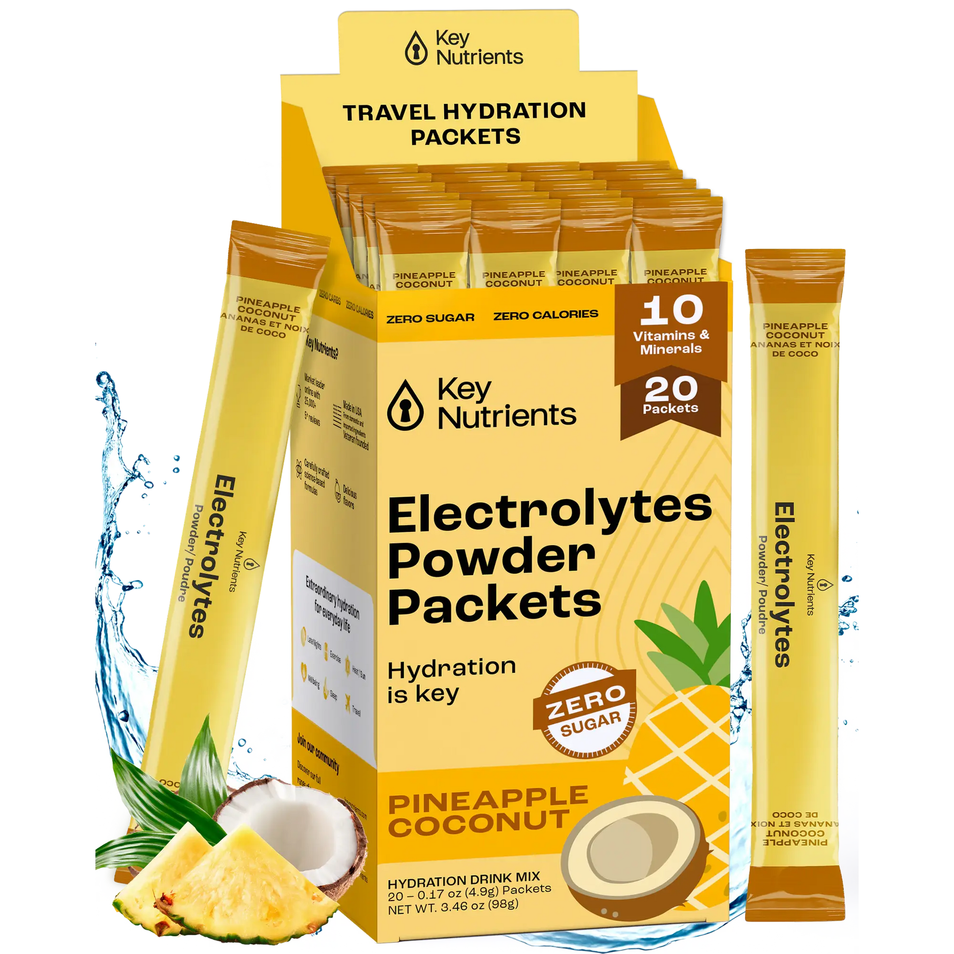 The Electrolyte Recovery Plus Powder (Sugar-Free) packets are ideal for a keto diet, showcasing lively images of pineapple and coconut. This hydration drink provides essential electrolytes in a refreshing blend that is both delicious and nourishing.