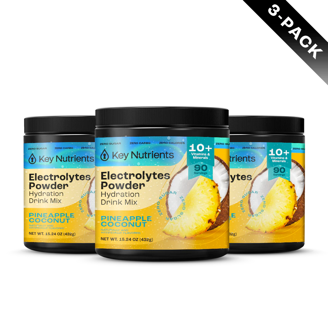 Three jars of Electrolyte Recovery Plus Powder (Pineapple Coconut), perfect for a hydration boost.