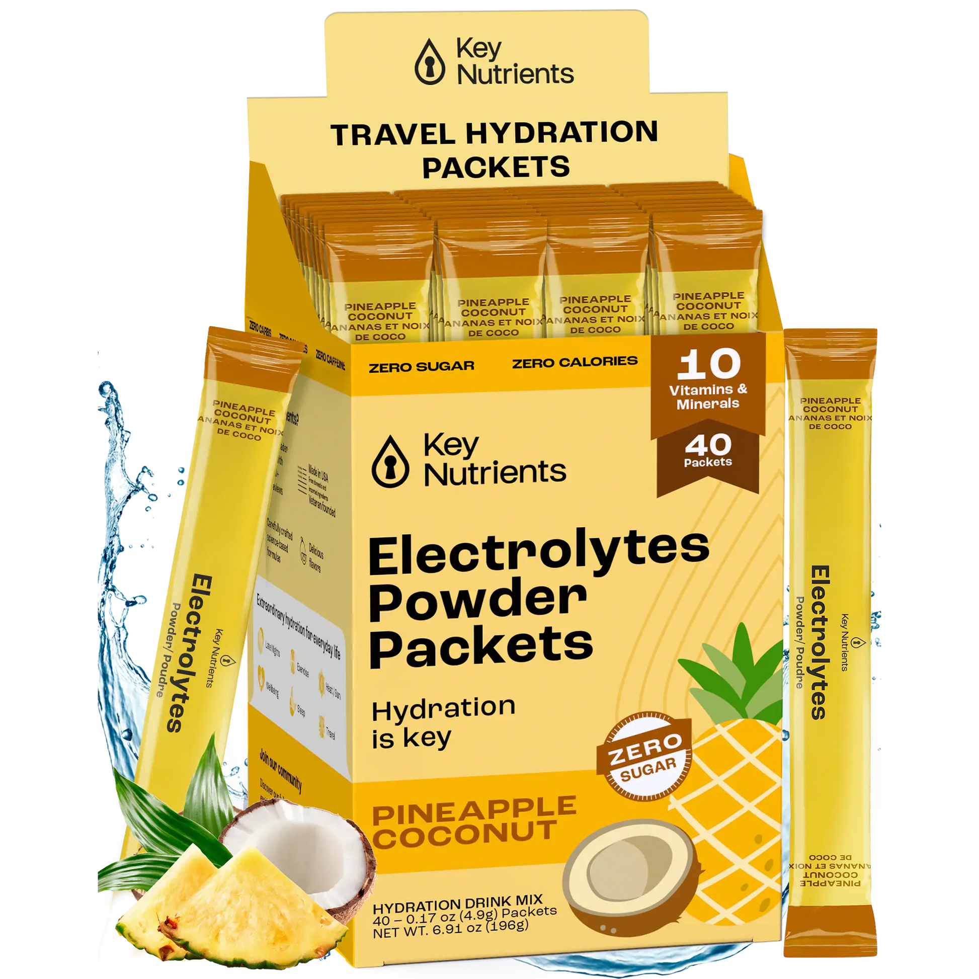 Box of Sugar-Free Electrolyte Recovery Plus Powder, a tropical hydration drink featuring a splash design, perfectly Keto Diet friendly.