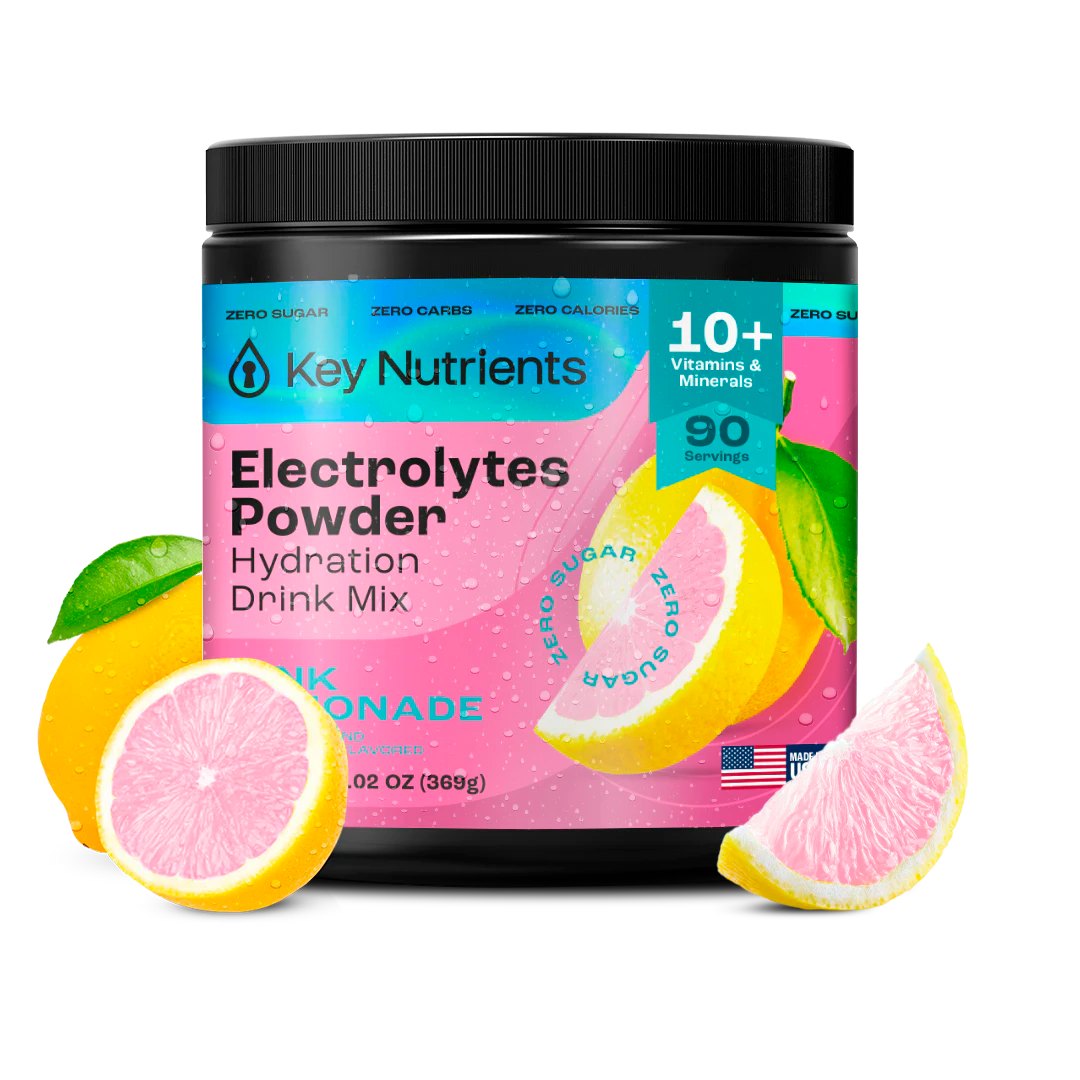 Electrolyte Recovery Plus Powder by Key Nutrients, zero-calorie pink lemonade, 90 servings for hydration.
