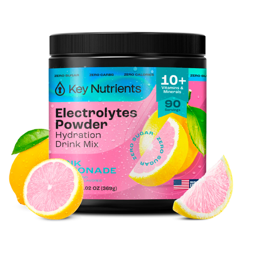 Pink Lemonade - 90 servings Electrolyte Recovery Plus Powder by Key Nutrients, zero-calorie pink lemonade, 90 servings for hydration.