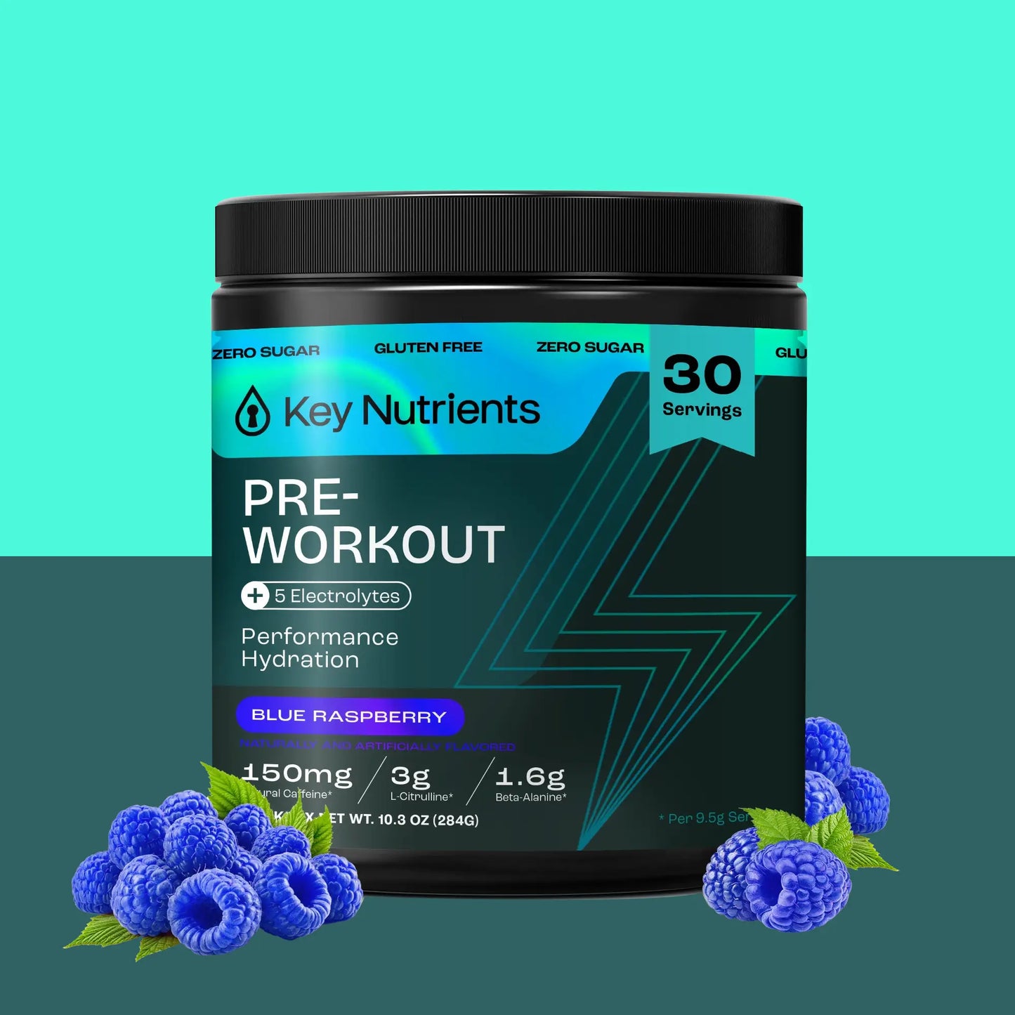 Black container of Pre-Workout Powder with Electrolytes, set against turquoise and blue raspberries.