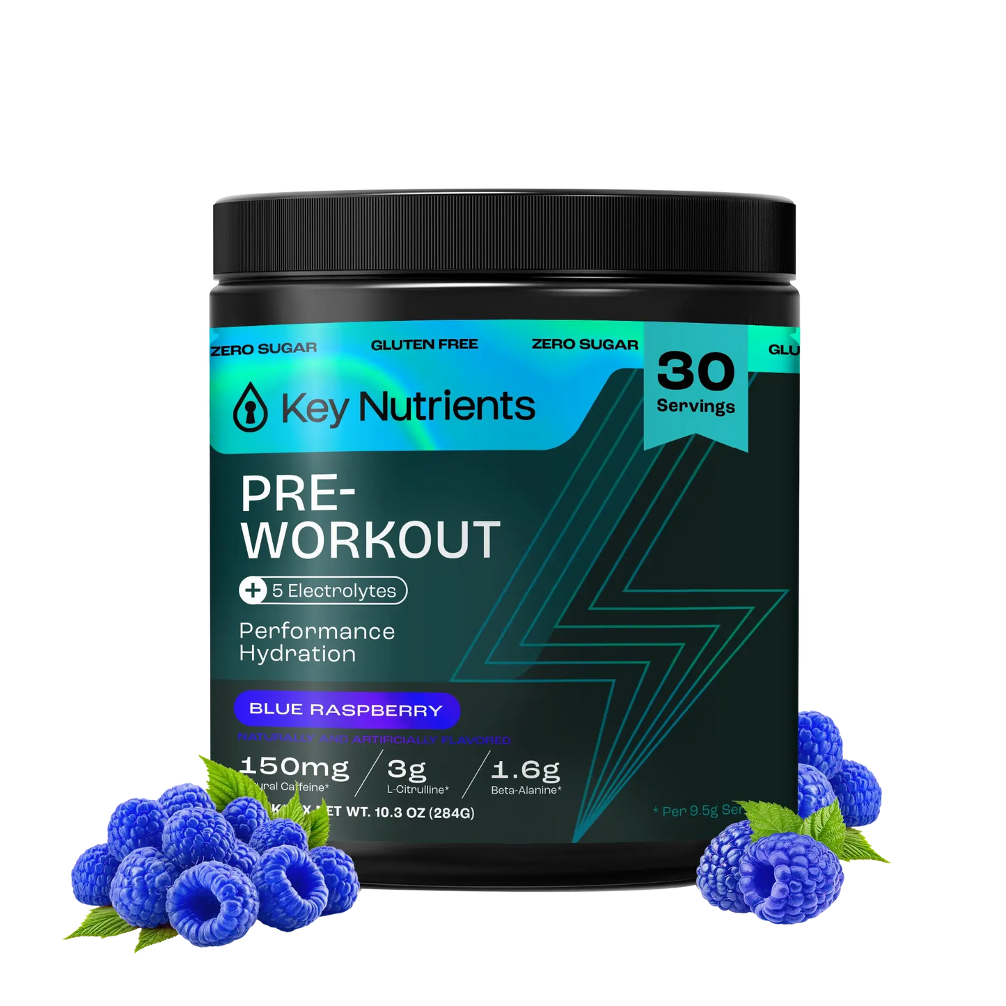 Key Nutrients Pre-Workout Powder, blue raspberry, 30 servings, zero sugar, gluten-free with blueberries.