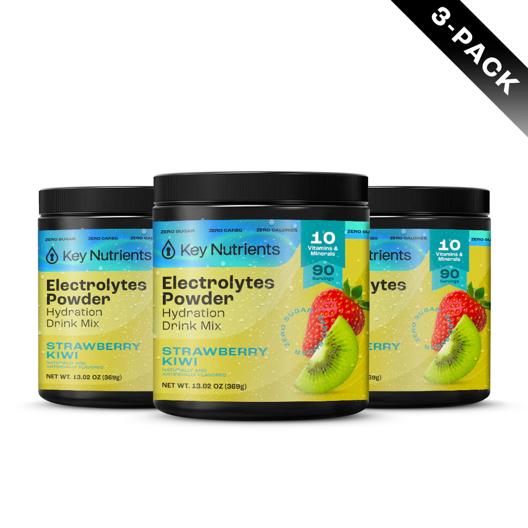 Three jars of Electrolyte Recovery Plus Powder (Sugar-Free) on a black background.