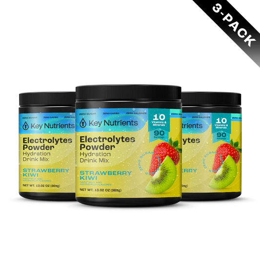 Strawberry Kiwi - 270 servings Three jars of Electrolyte Recovery Plus Powder (Sugar-Free) on a black background.