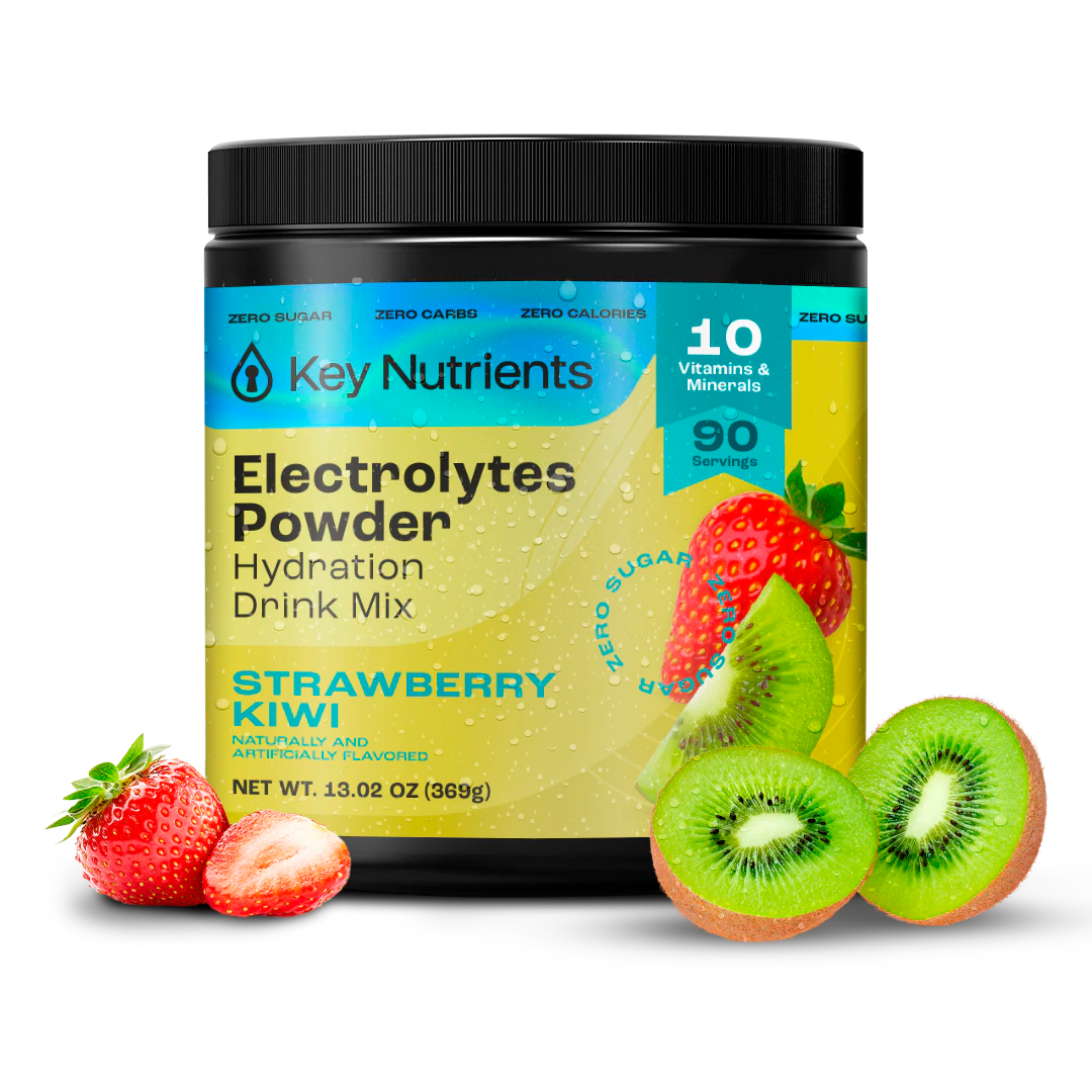 Electrolyte Recovery Plus Powder (Sugar-Free), zero-calorie, strawberries & kiwi, 10 vitamins, 90 servings.