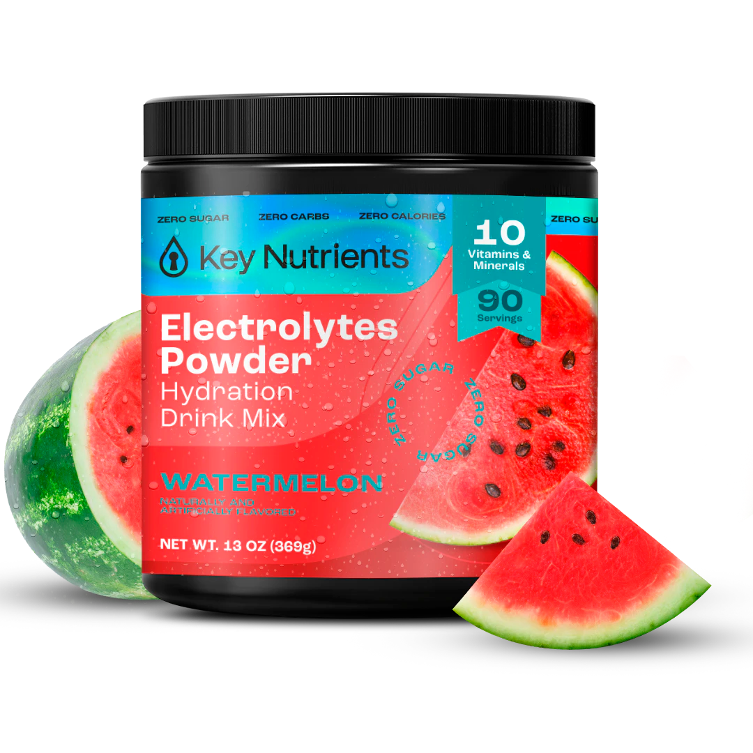 Jar of Electrolyte Recovery Plus Powder (Sugar-Free) and watermelon slices on a black background for hydration.