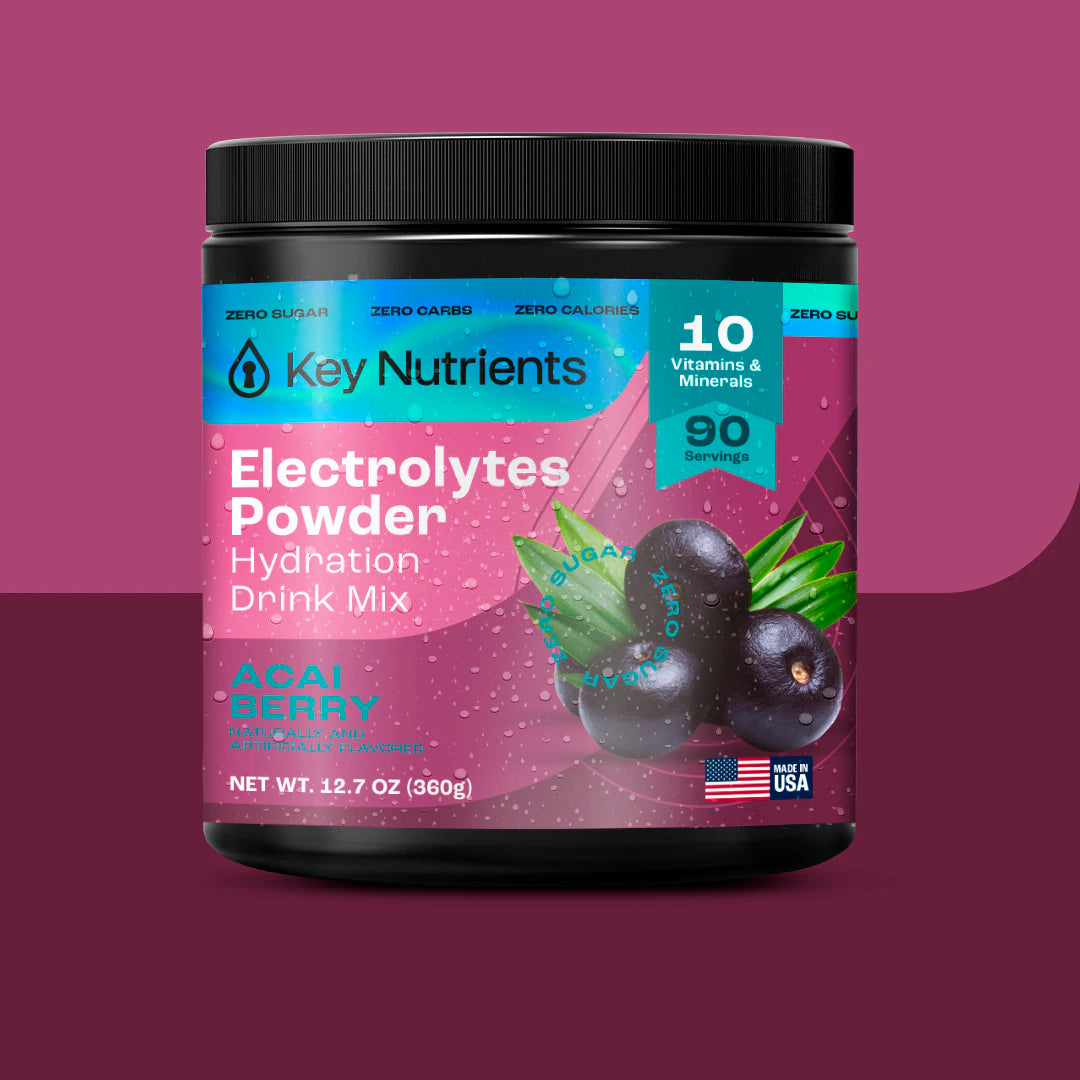 Jar of Electrolyte Recovery Plus Powder (Sugar-Free) by Key Nutrients on a purple backdrop.