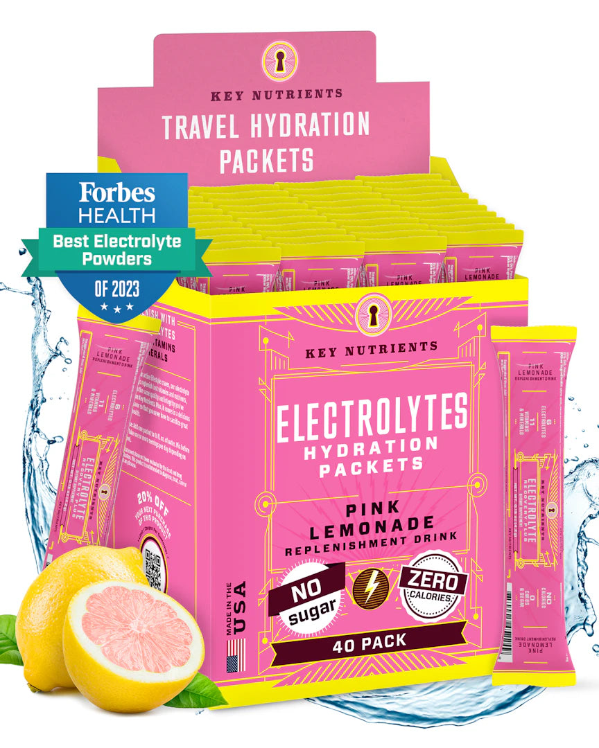 Electrolyte Recovery Plus Powder (Sugar-Free) in pink lemonade flavor, available in a 40-pack with a lemon image and endorsed by Forbes Health. Ideal for individuals on a keto diet, this hydration drink ensures you stay refreshed and balanced.