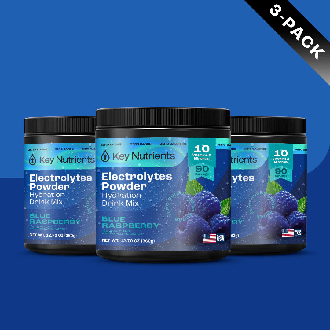 Three jars of Electrolyte Recovery Plus Powder (Sugar-Free), Blue Raspberry, 3-pack on a blue background.