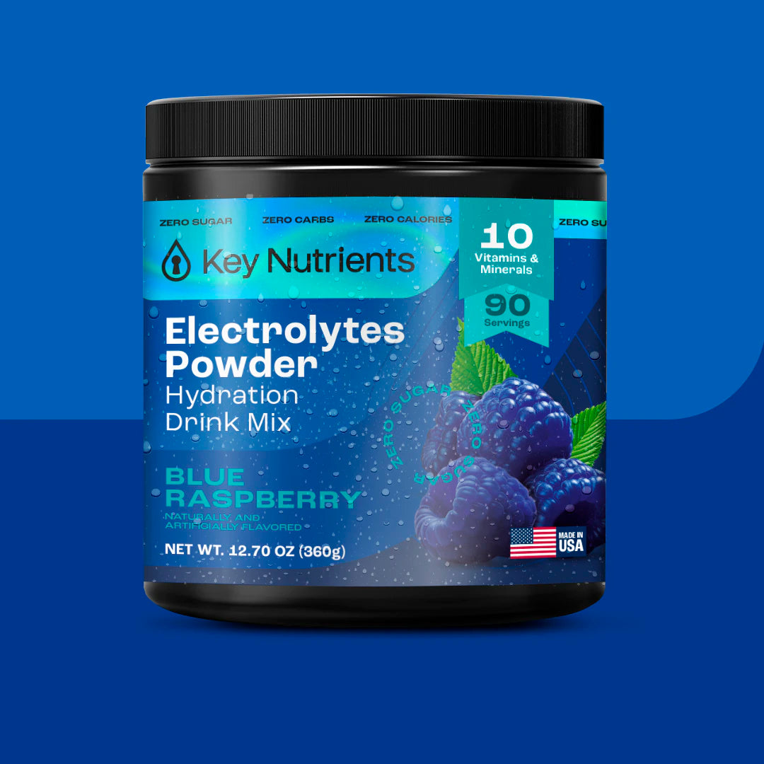 Electrolyte Recovery Plus Powder (Sugar-Free) on a blue background for a keto diet.