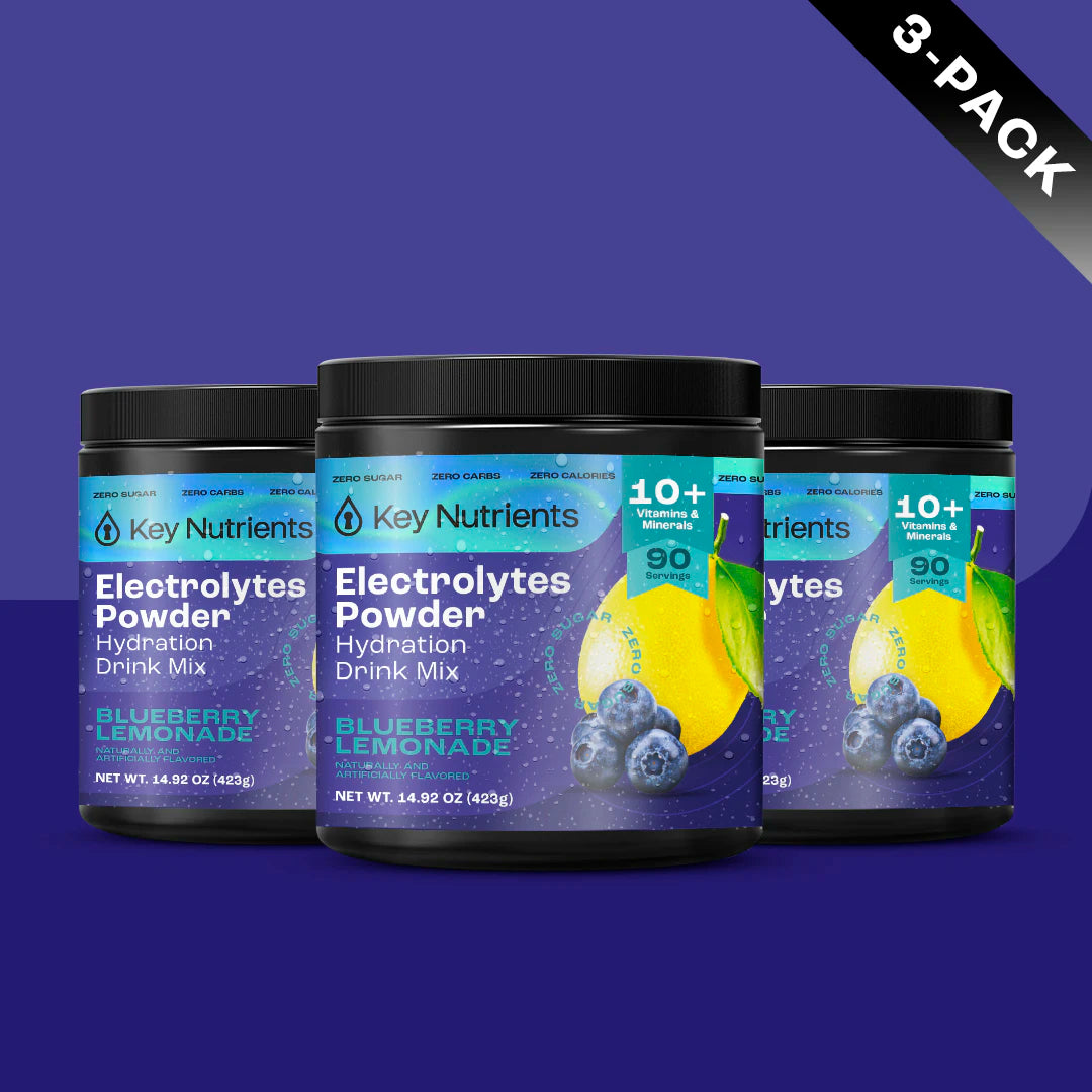 Three jars of Electrolyte Recovery Plus Powder, Blueberry Lemonade flavor, on a blue background.