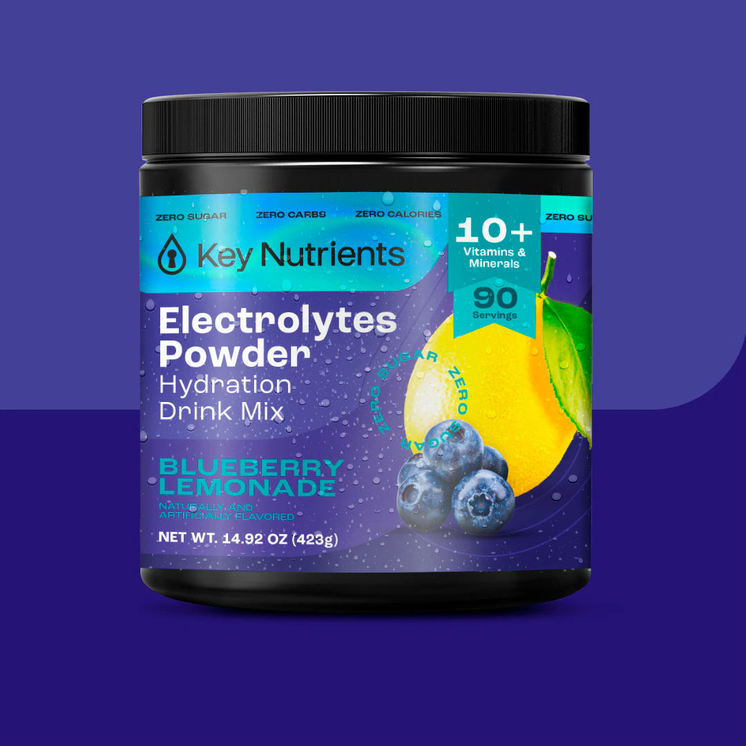 Electrolyte Recovery Plus Powder in blueberry lemonade flavor on a blue background.