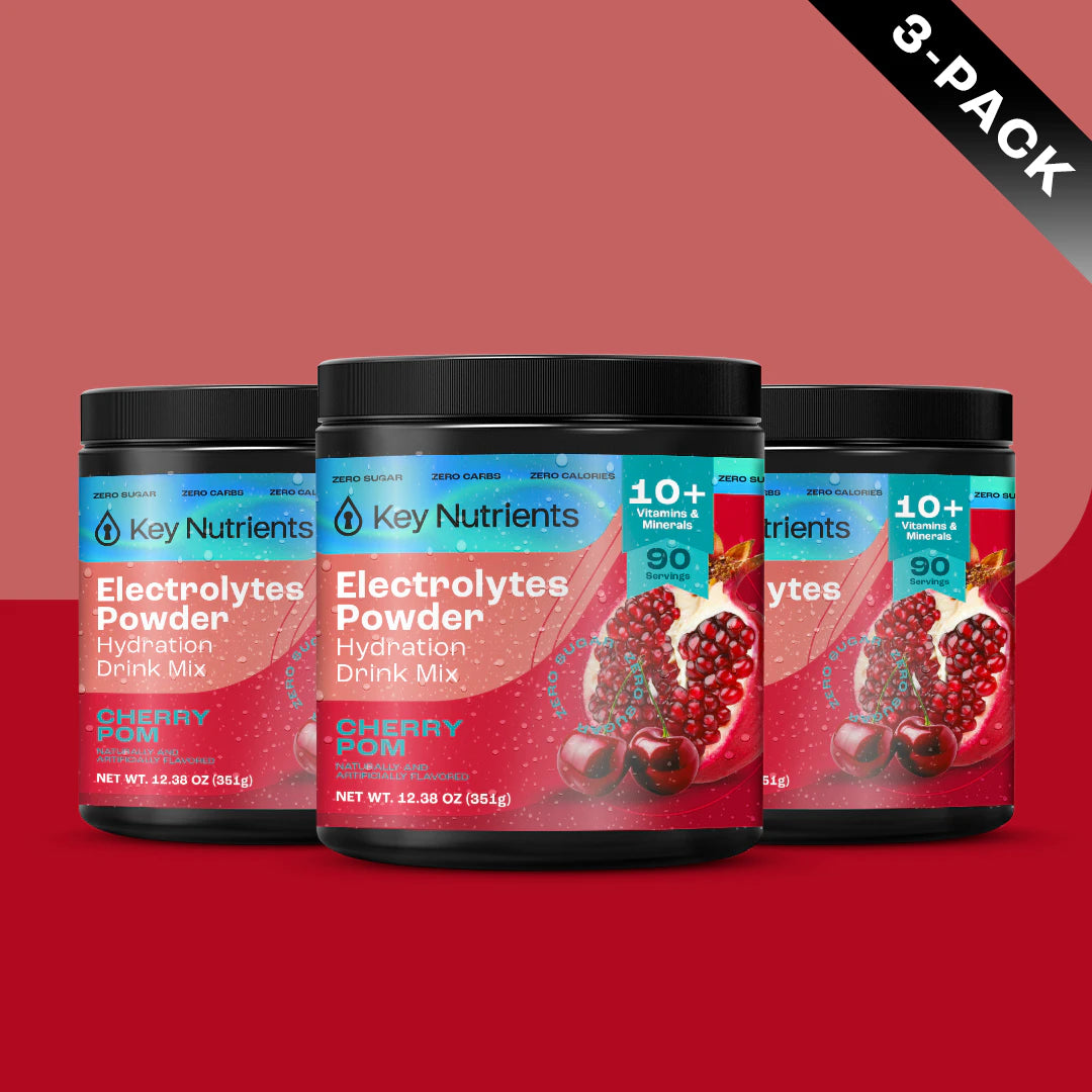 Three jars of Electrolyte Recovery Plus Powder (Sugar-Free) in Cherry Pom flavor on a bold red background.