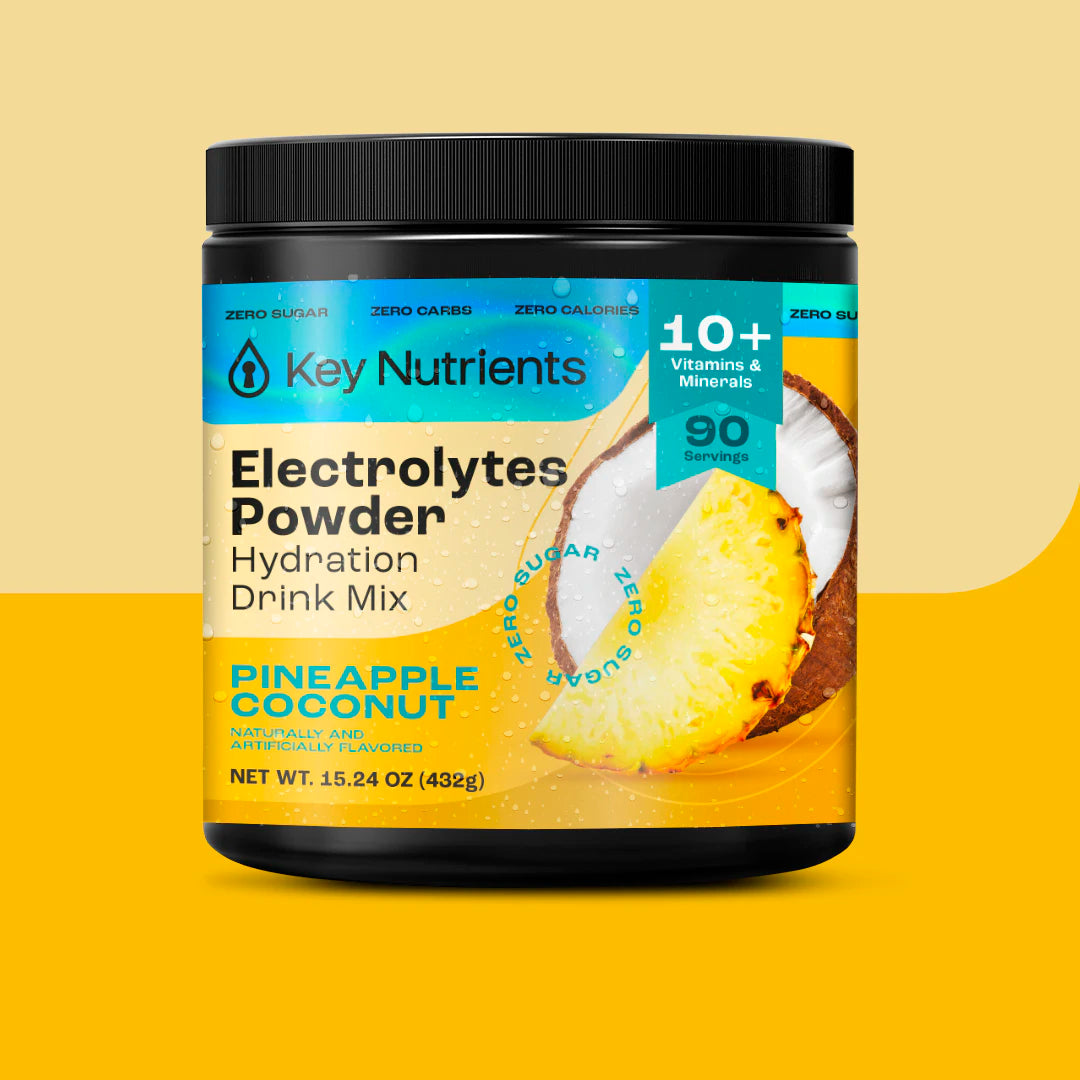 Hydration container with Electrolyte Recovery Plus Pineapple Coconut flavor on a sunny yellow background.