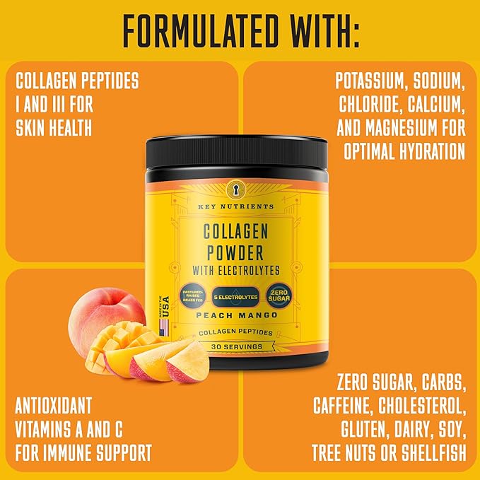 Collagen Peptides Powder With Electrolytes container, highlighting its ingredients and benefits, is adorned with charming peach and mango illustrations.