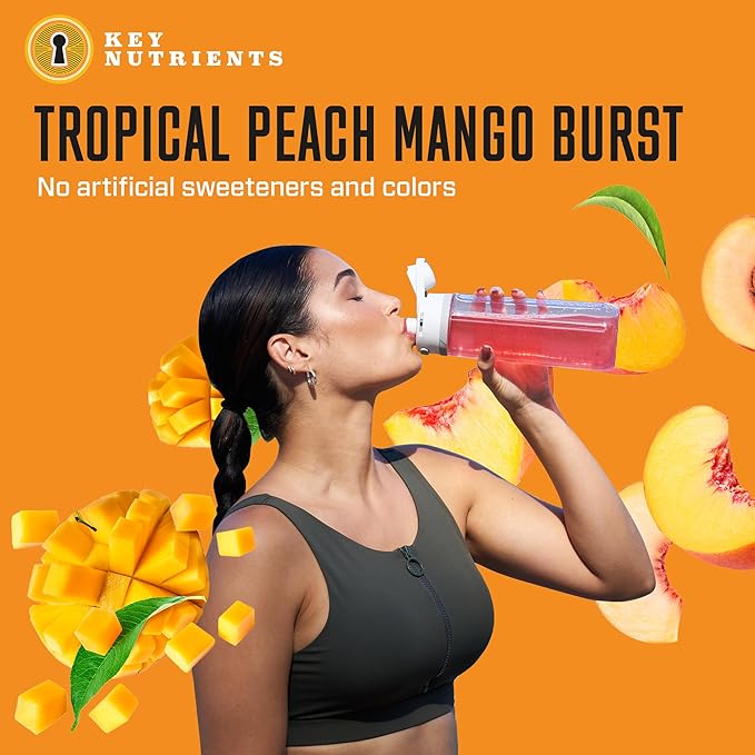 A woman enjoying a pink drink made with Collagen Peptides Powder With Electrolytes, surrounded by mango and peach slices. Orange background with text overlay.