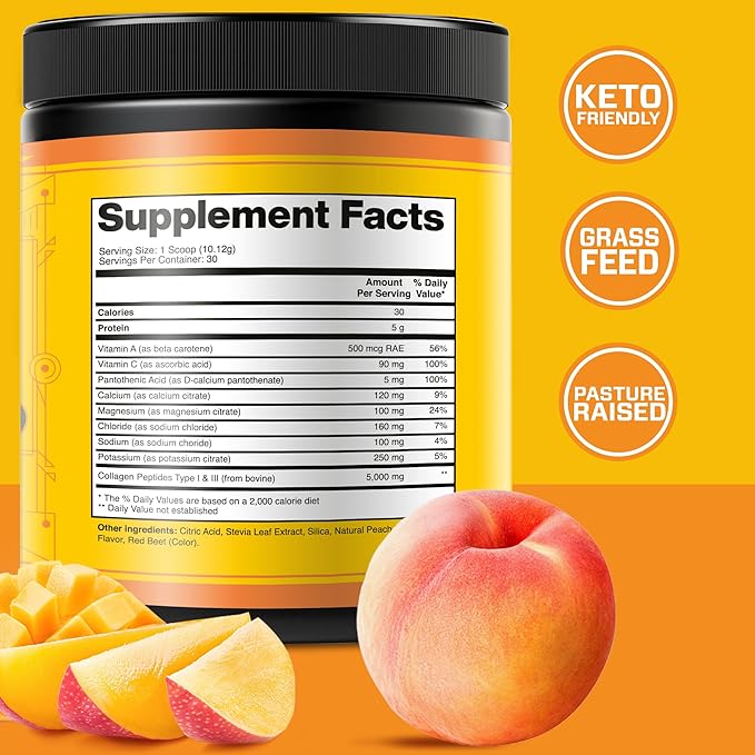 A container of Collagen Peptides Powder With Electrolytes on an orange background with mango and peach illustrations, featuring keto-friendly and pasture-raised labels.
