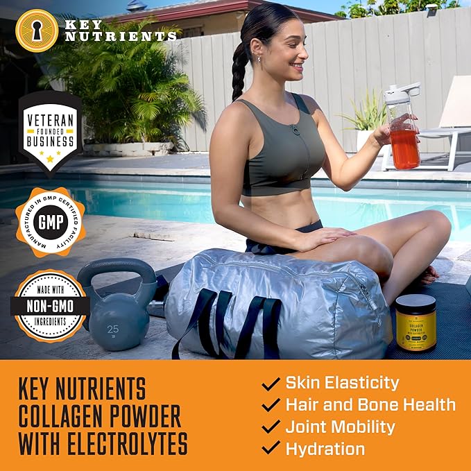 A woman unwinds by the pool, enjoying a drink made from Collagen Peptides Powder With Electrolytes next to her kettlebells and gym bag. The benefits of this powder promise enhanced wellness and vitality.