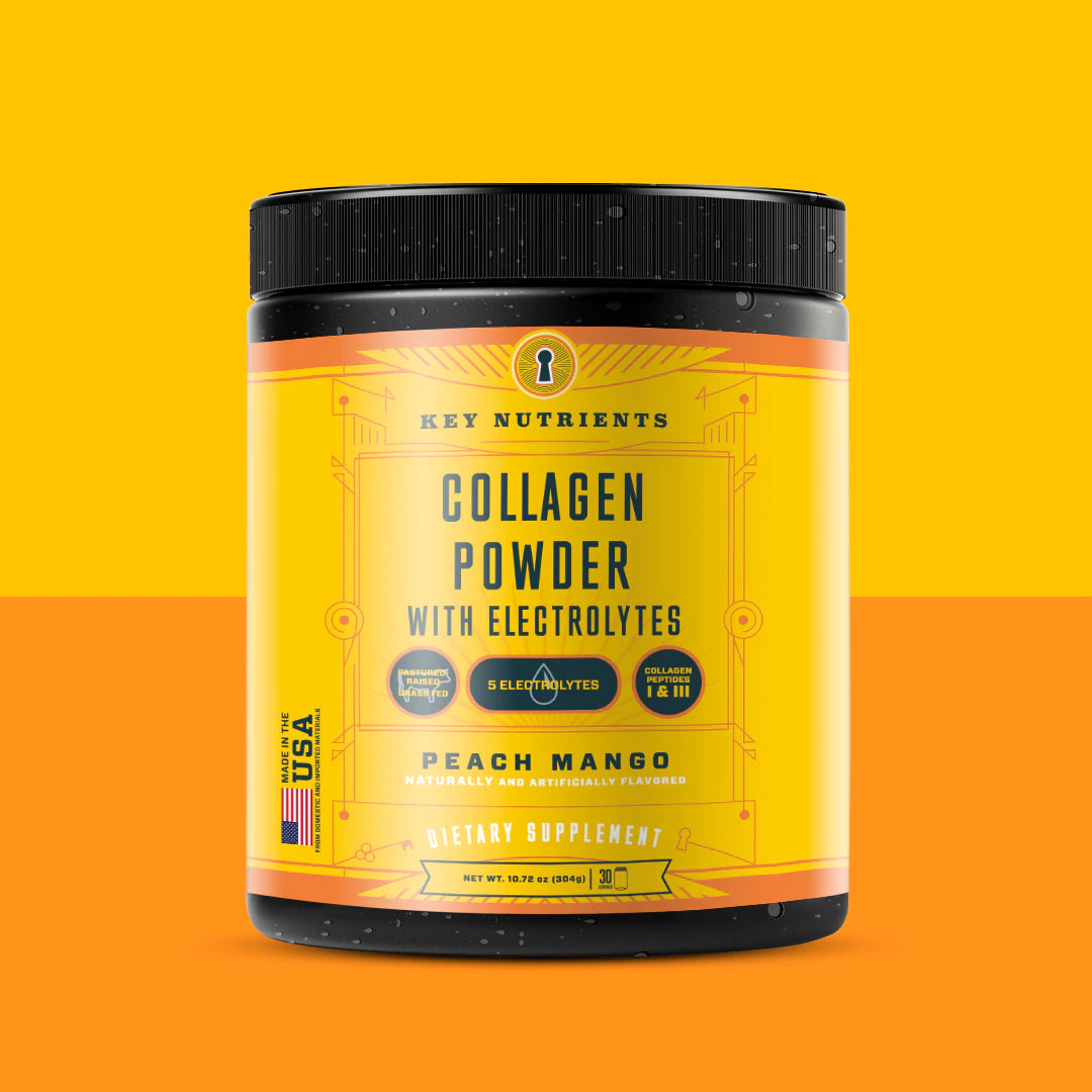 Against an orange and yellow backdrop, a container of Collagen Peptides Powder With Electrolytes in a refreshing peach mango flavor captures the essence of tropical vitality.