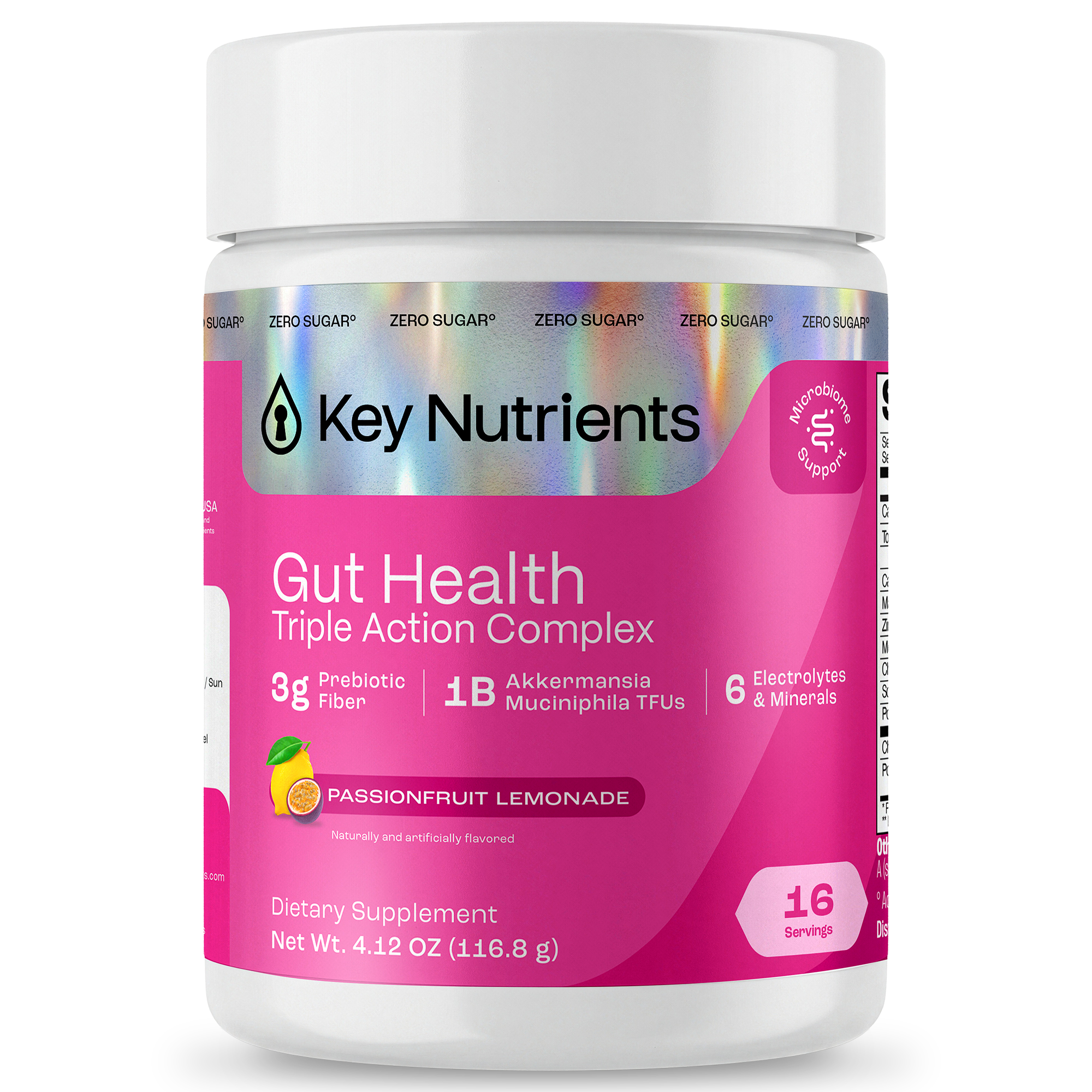 Gut Health supplement, passionfruit lemonade flavor, supports gut health and hydration.