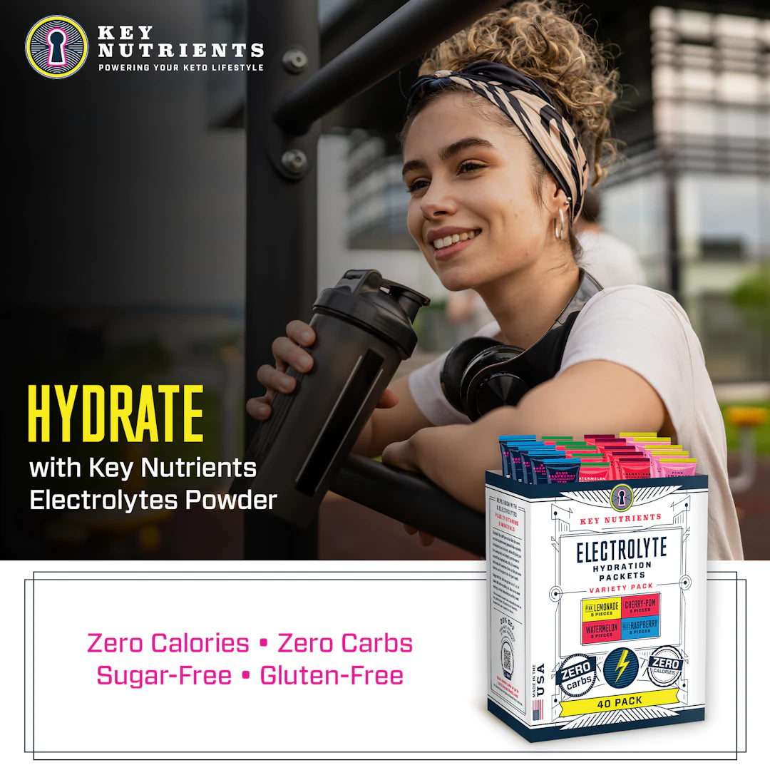 A woman enjoying a revitalizing sip smiles with the Electrolyte Recovery Plus Powder Travel Packets (Old) prominently in the foreground, perfect for hydration on her keto diet journey.