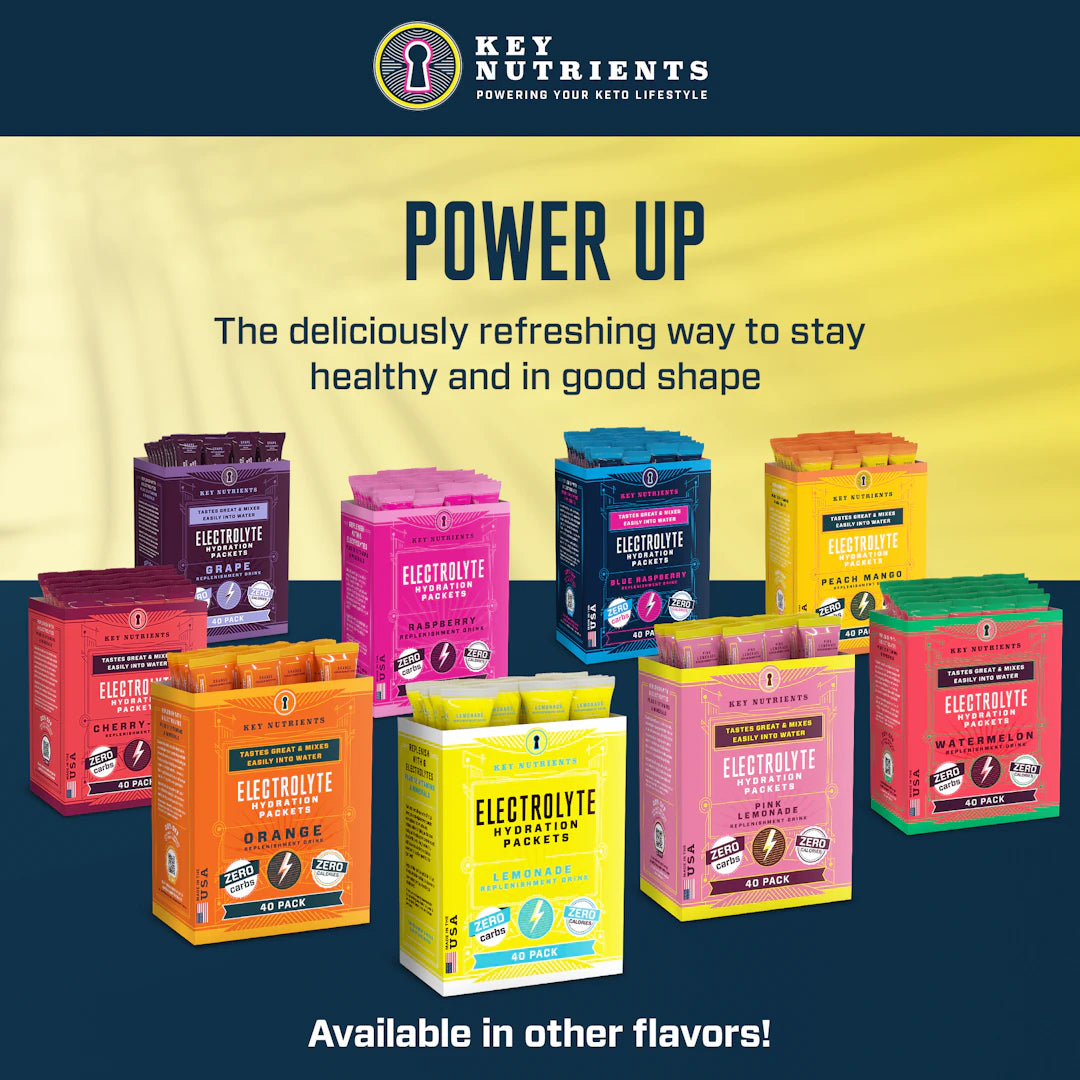 Displayed with text promoting health benefits, the Electrolyte Recovery Plus Powder Travel Packets (Old) consist of assorted flavored electrolyte powder ideal for enhancing hydration. They are perfect for those on a keto diet seeking optimal wellness.