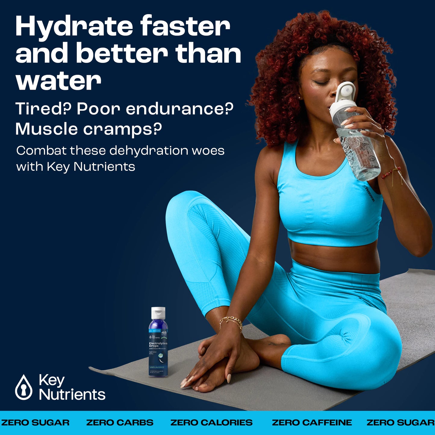 A woman in blue athletic wear drinks from a bottle on a yoga mat, surrounded by Key Nutrients ad text promoting Unflavored Liquid Electrolyte Drops.