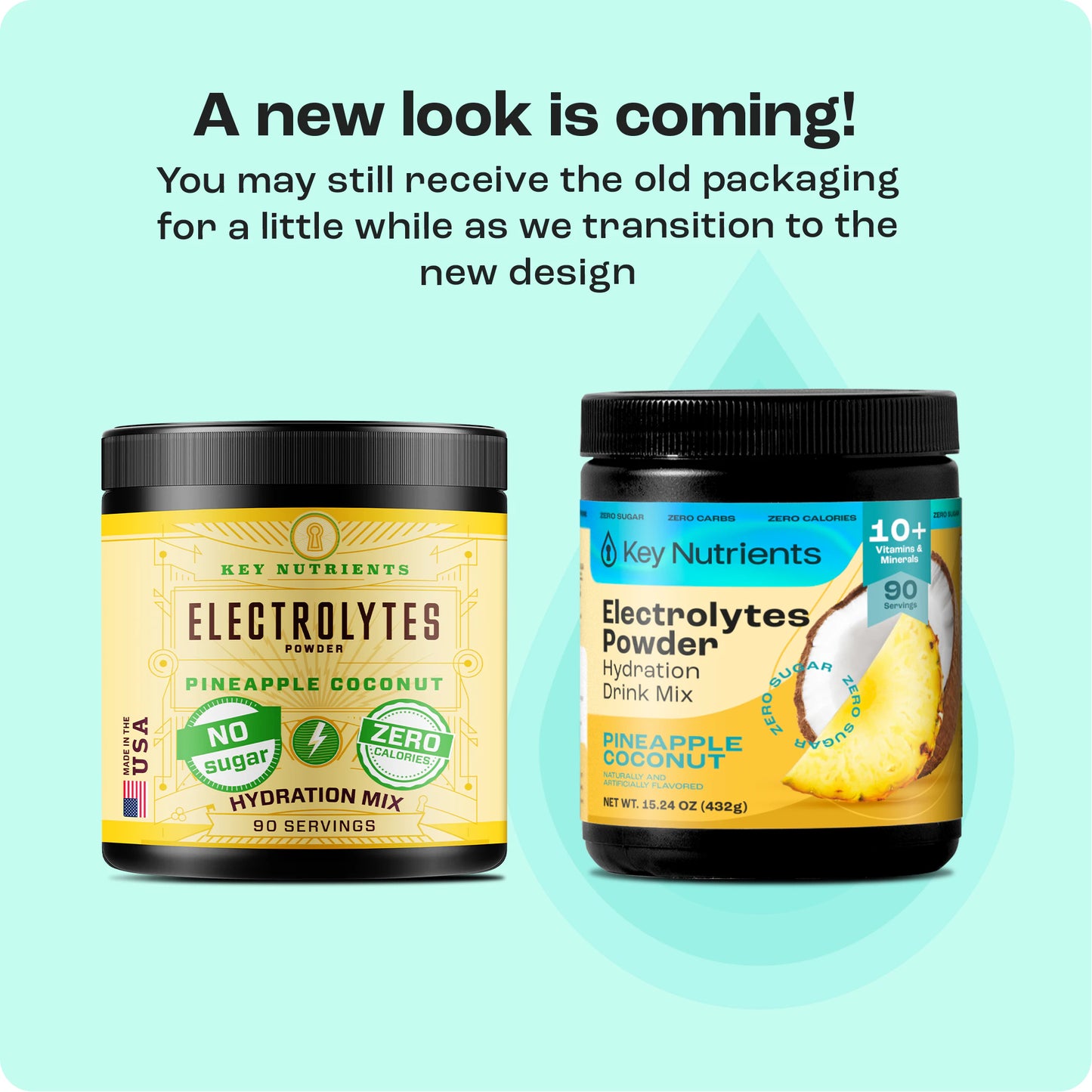 Two Electrolyte Recovery Plus Powder containers, new & old design, pineapple coconut flavor, zero calories.