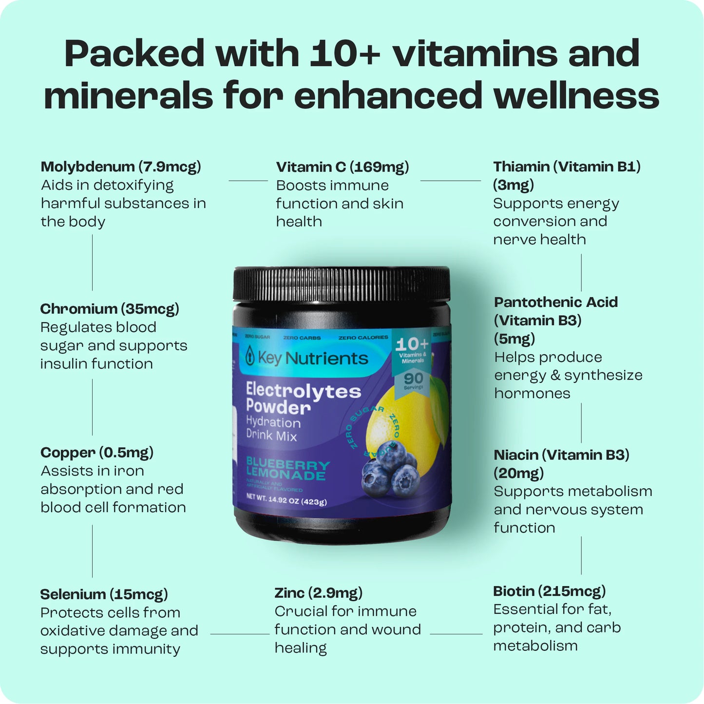 Blueberry Lemonade electrolytes: sugar-free powder for keto with vitamin & mineral hydration.