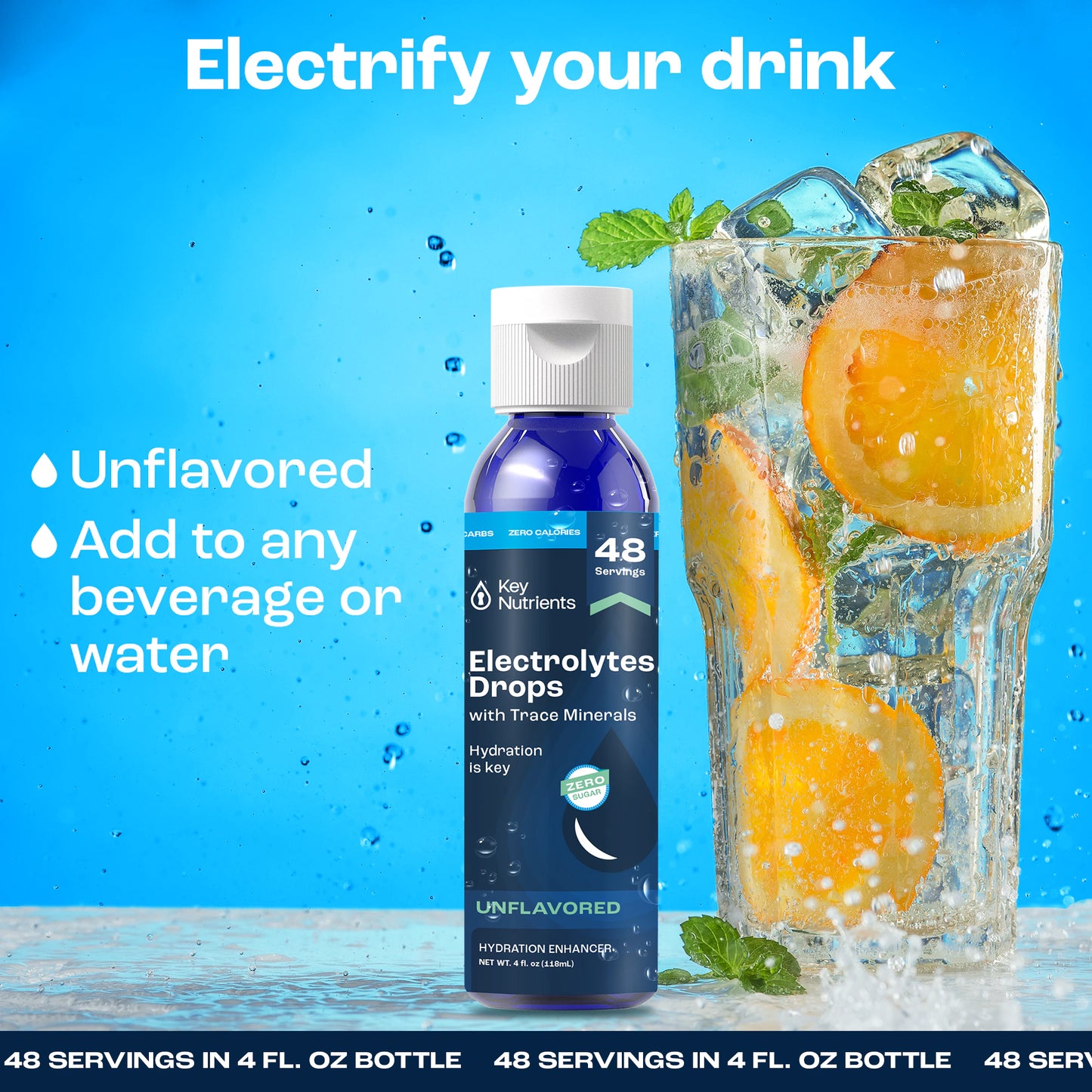 Unflavored Liquid Electrolyte Drops bottle next to a refreshing citrus drink with mint, ice, and orange slices.