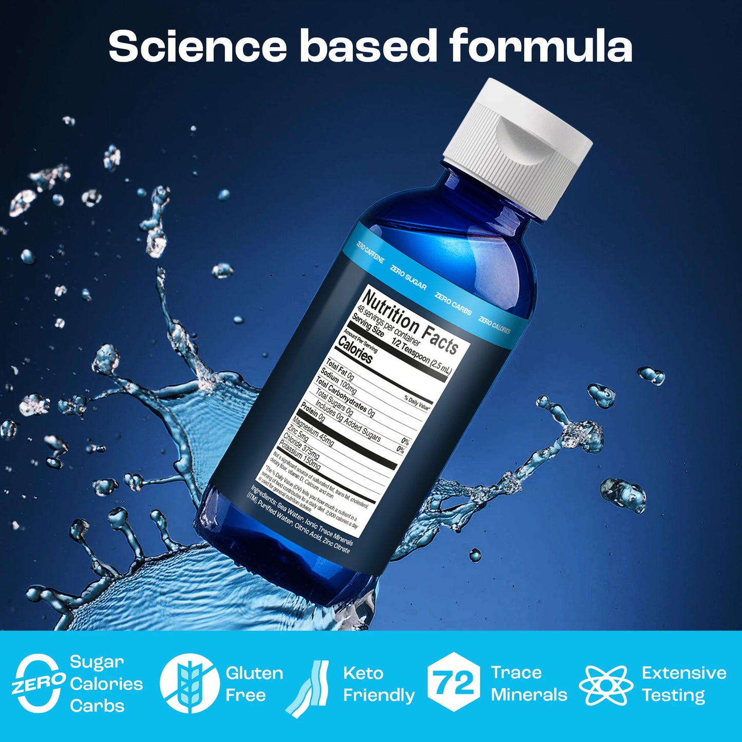 Unflavored Liquid Electrolyte Drops are packaged in a blue bottle with a splash design, featuring labels that emphasize zero sugar, gluten-free, keto-friendly, and mineral content.