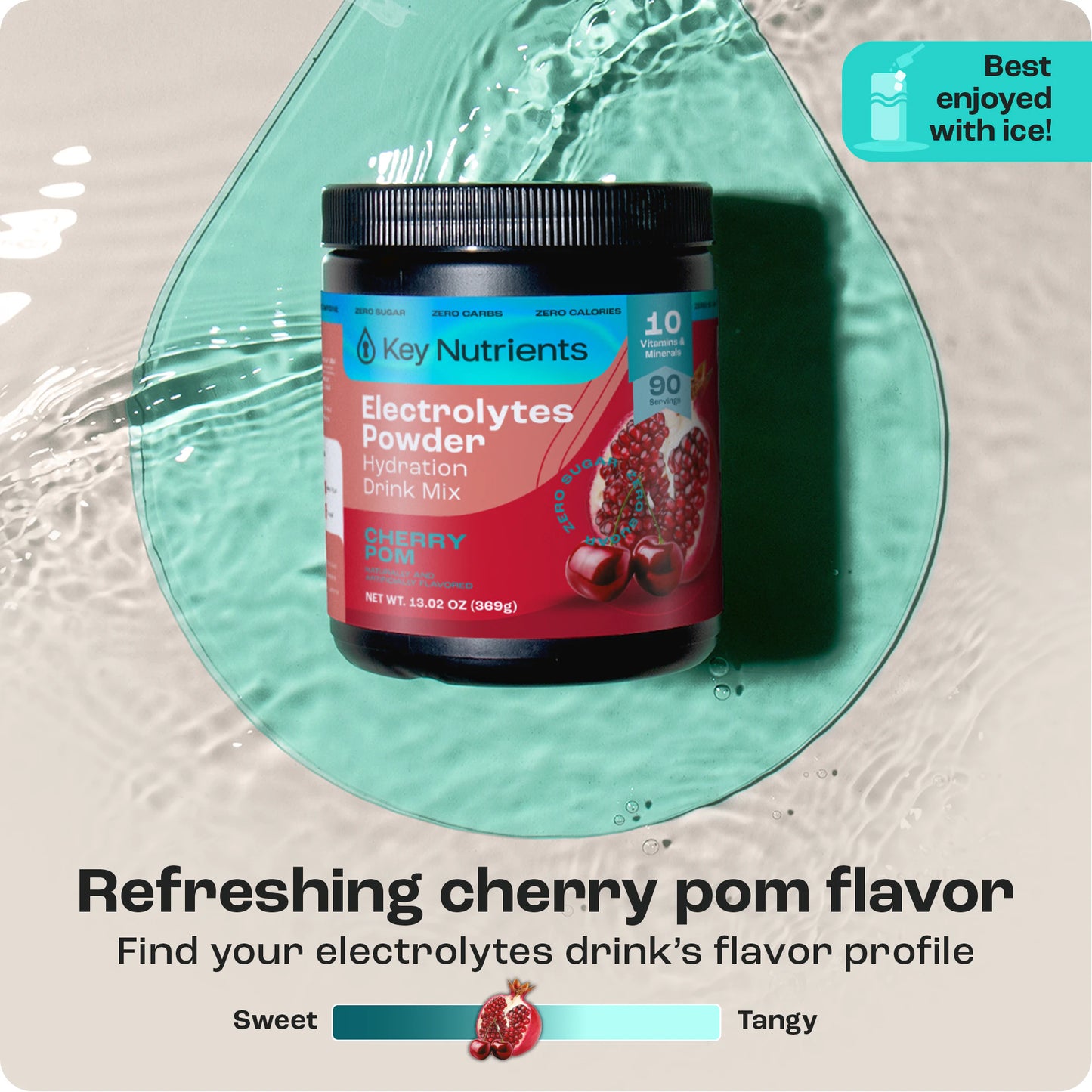 Electrolyte Recovery Plus Powder jar on light green surface with water splash. Taste: Cherry pomegranate flavor.