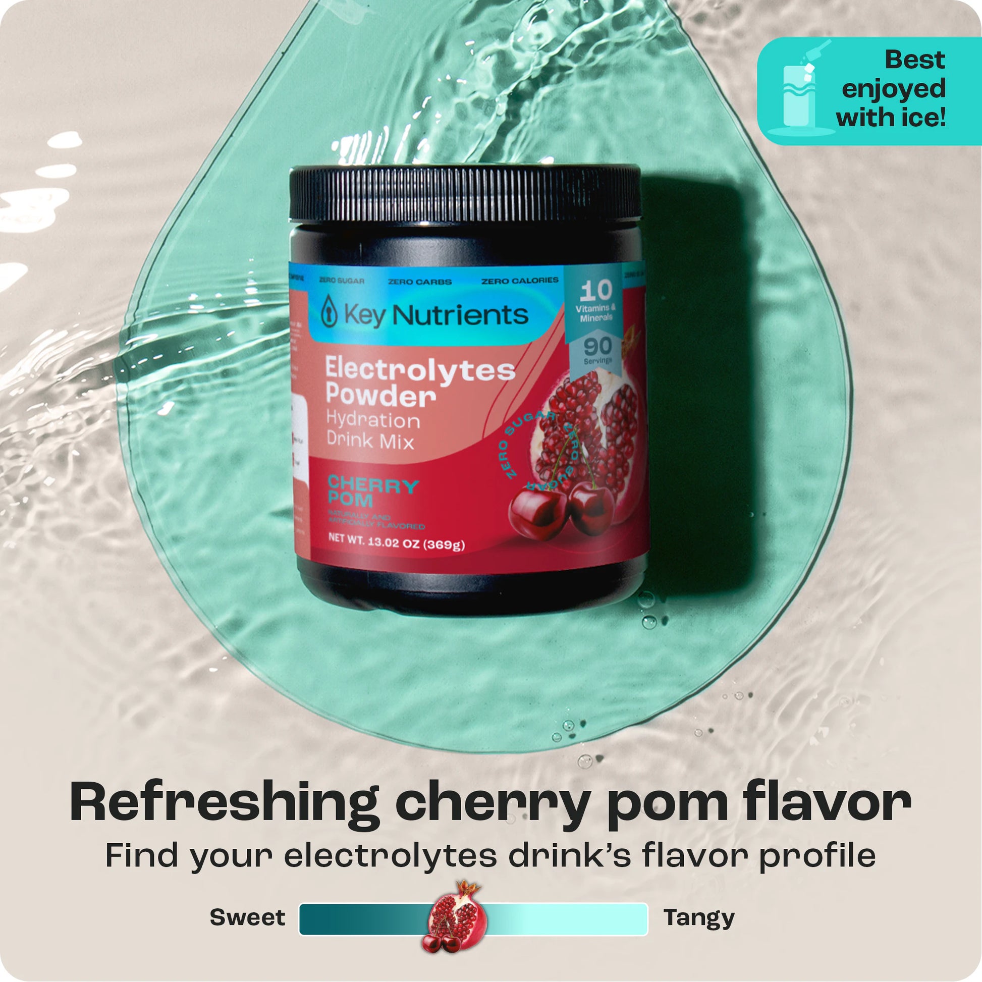 Electrolyte Recovery Plus Powder jar on light green surface with water splash. Taste: Cherry pomegranate flavor.