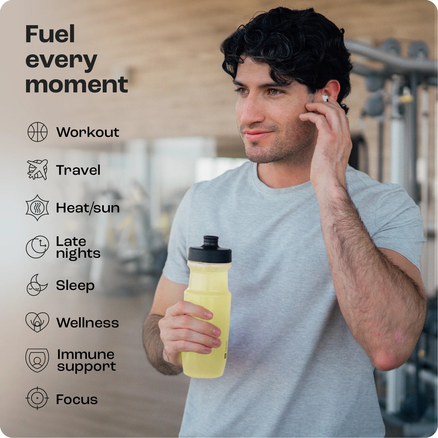 Man at gym with earbuds, yellow sports bottle, workout icons, and Electrolyte Recovery Plus Powder.
