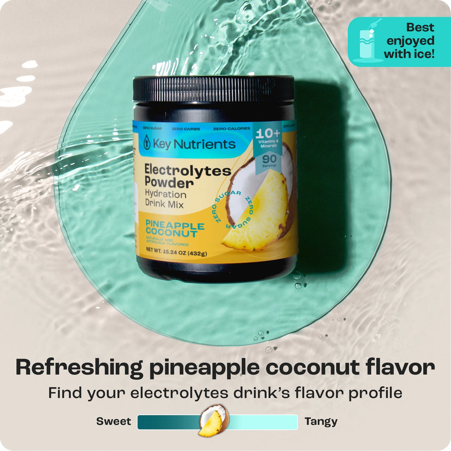 Jar of Electrolyte Recovery Plus Powder on wet surface, flavor scale shows sweet and tangy.