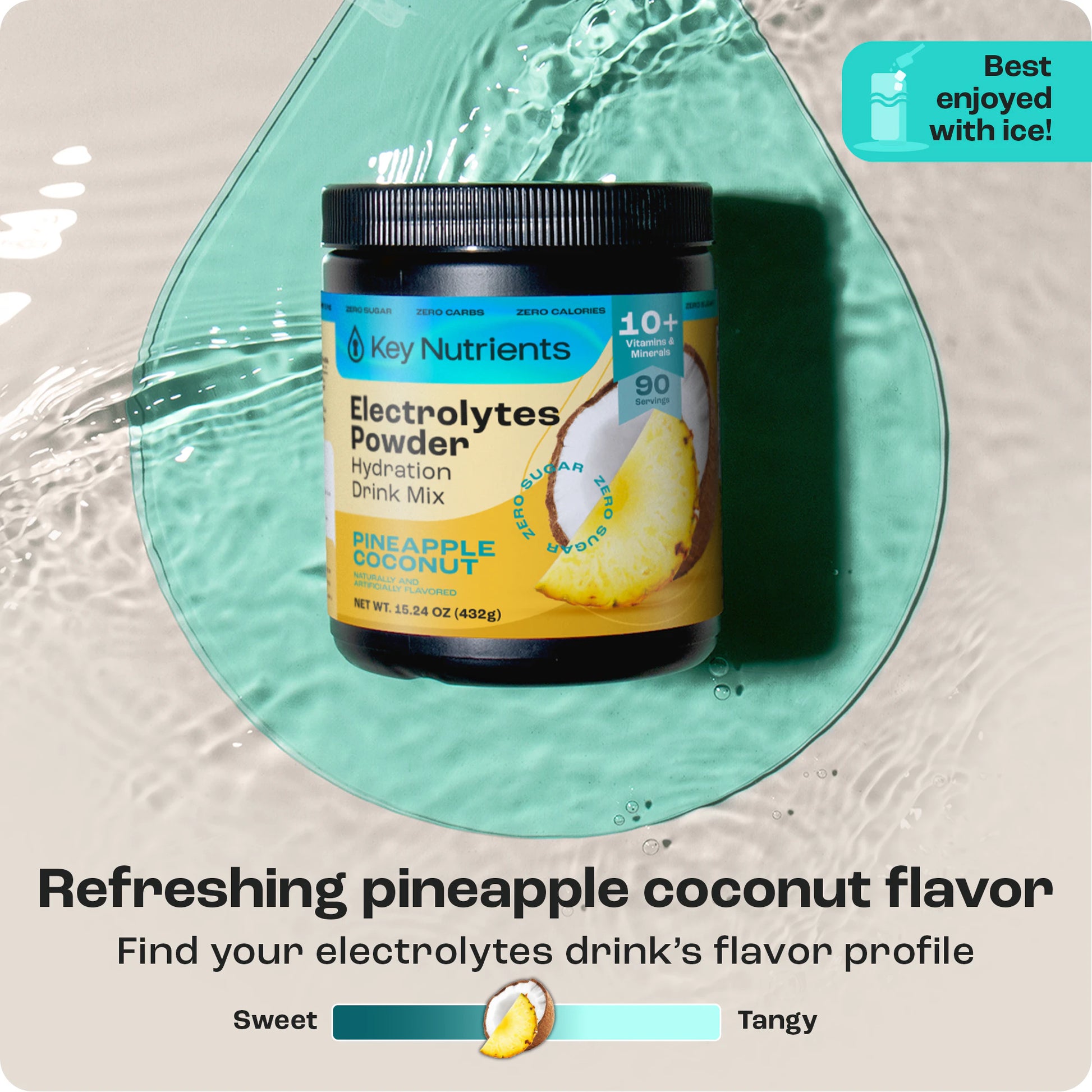 Jar of Electrolyte Recovery Plus Powder on wet surface, flavor scale shows sweet and tangy.