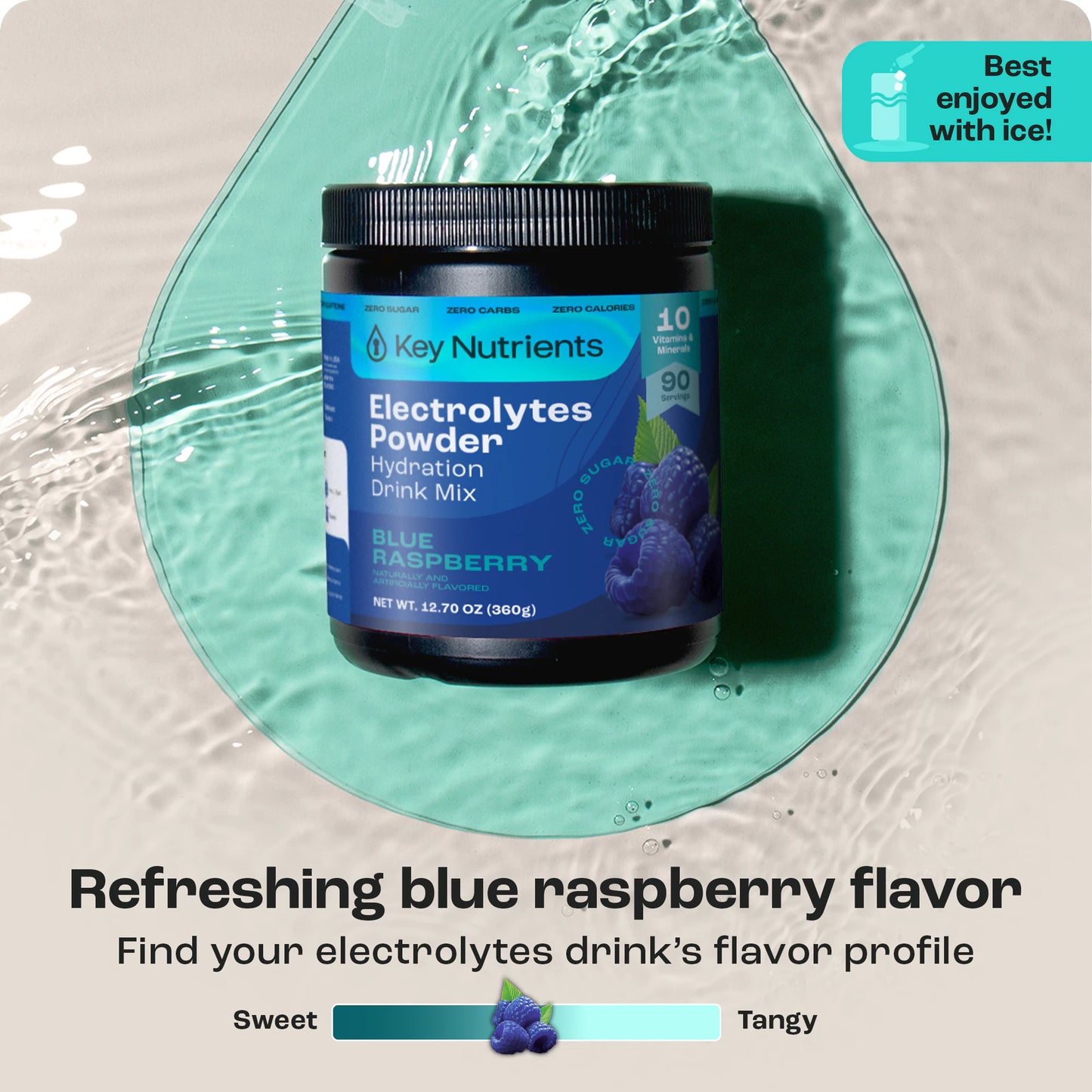 Electrolyte Recovery Plus Powder (Sugar-Free) in blue raspberry on a vibrant water splash background.