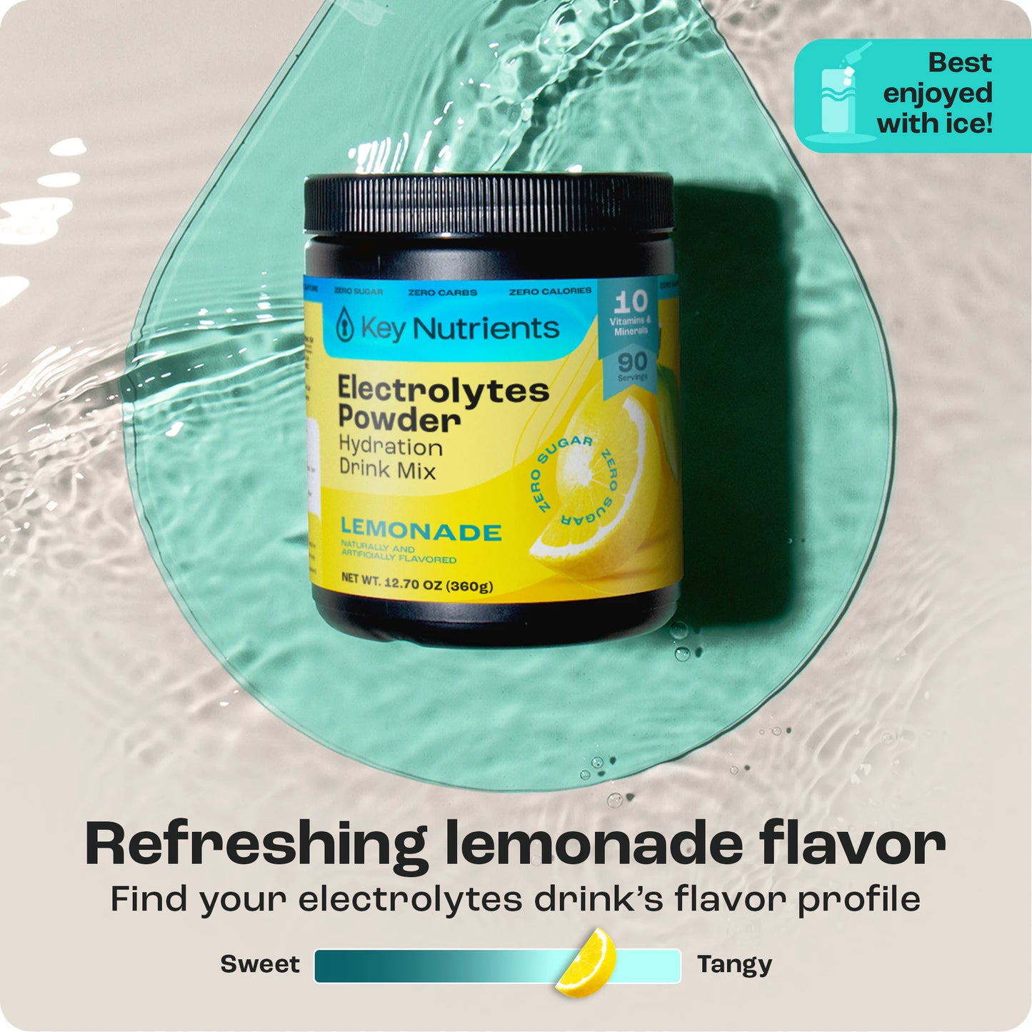 Hydration drink with Electrolyte Recovery Plus (Sugar-Free), featuring a water drop and flavor scale backdrop.