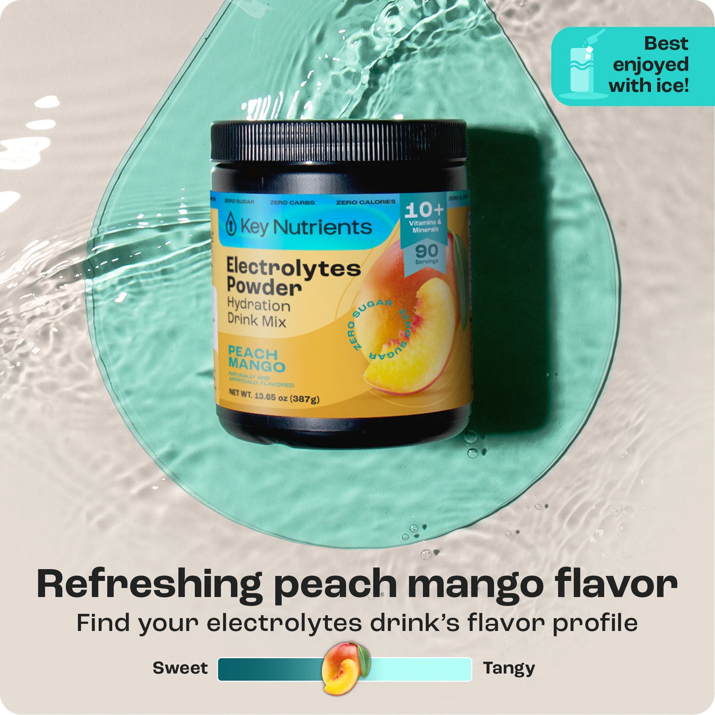 Electrolyte Recovery Plus Powder (Sugar-Free) in peach mango flavor on a teal water splash background.