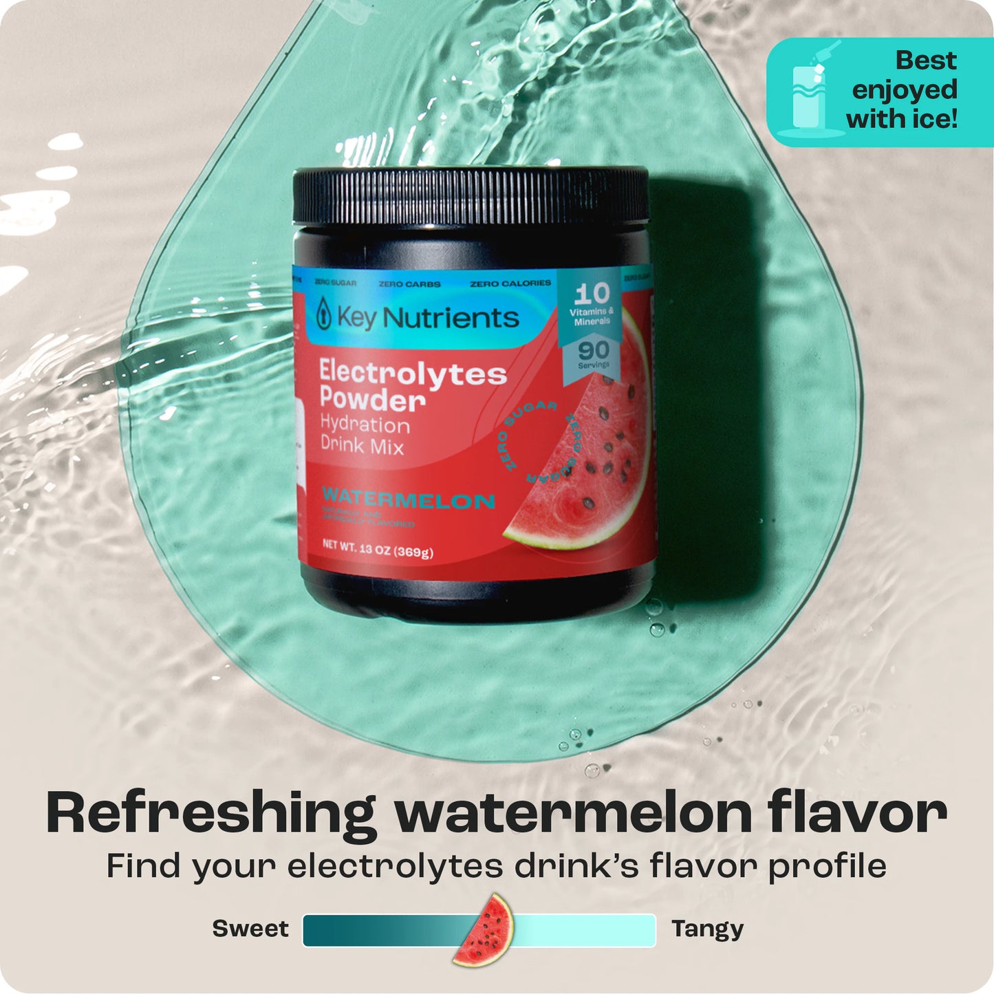 Watermelon-flavored Electrolyte Recovery Plus Powder, a zero-calorie, sweet-to-tangy hydration drink.