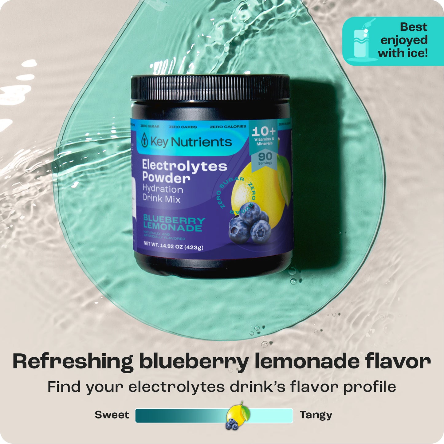 Electrolyte Recovery Plus Powder jar on watery background with flavor icons, perfect hydration drink.
