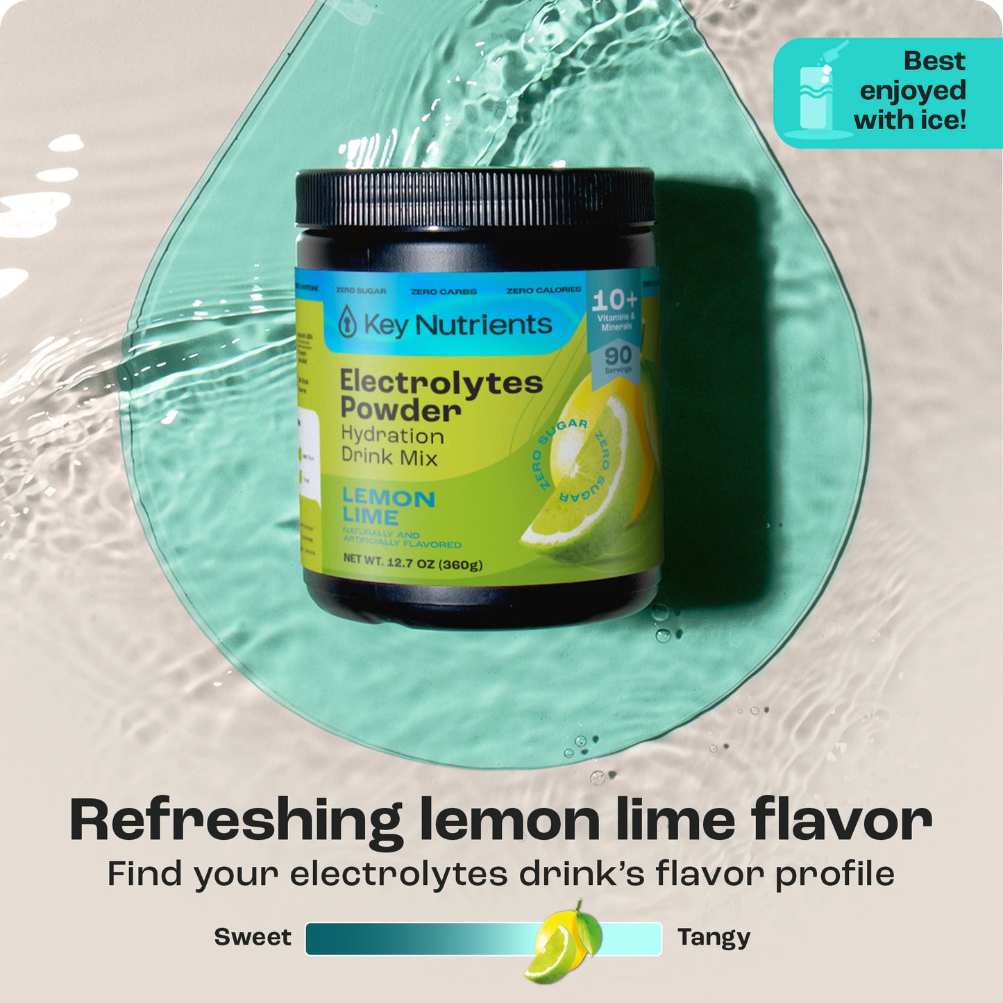 Zero-calorie Electrolyte Recovery Plus Powder container with lemon lime flavor on an aqua splash background.