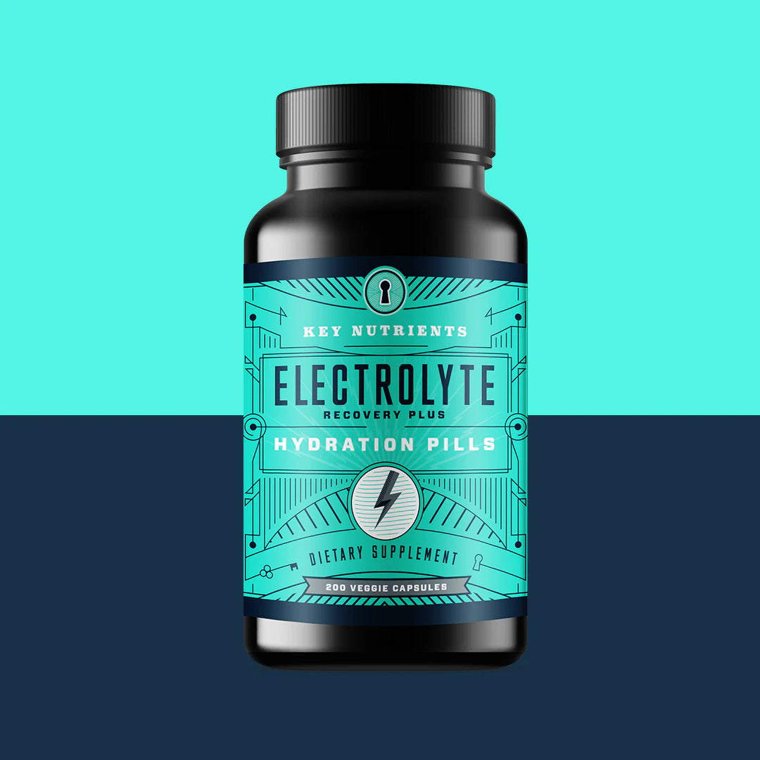 Bottle of Electrolyte Hydration Pills on a teal and navy background.