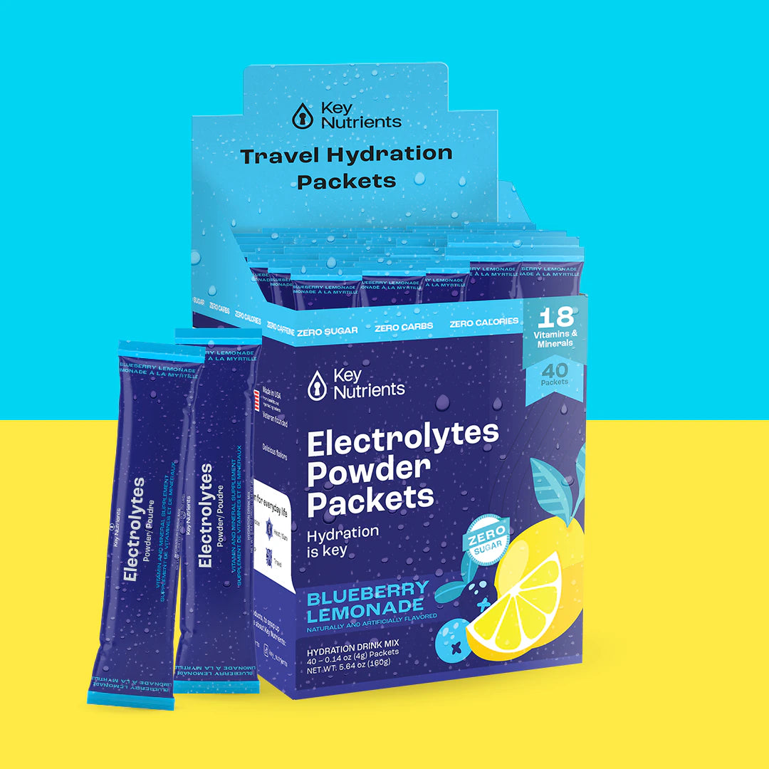 Electrolyte Recovery Plus Powder (Sugar-Free), tailored for the keto diet, is displayed against a vibrant blue and yellow background.